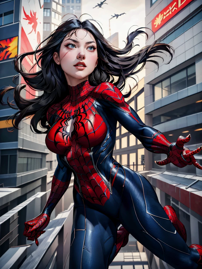 { - anatomy error} (Masterpiece - Ultra-detailed, very high resolution) best qualtiy，GameCG，1girll，tmasterpiece，best qualtiy，8K，detailed skin textures，Detailed cloth texture，beautifull detailed face，Complicated details，the ultra-detailed，korean girl, ( korean face)，spiderman uniform，long black hair，（A half body：1.2），cleavage, she is falling from a building, releasing spiderwoman's web