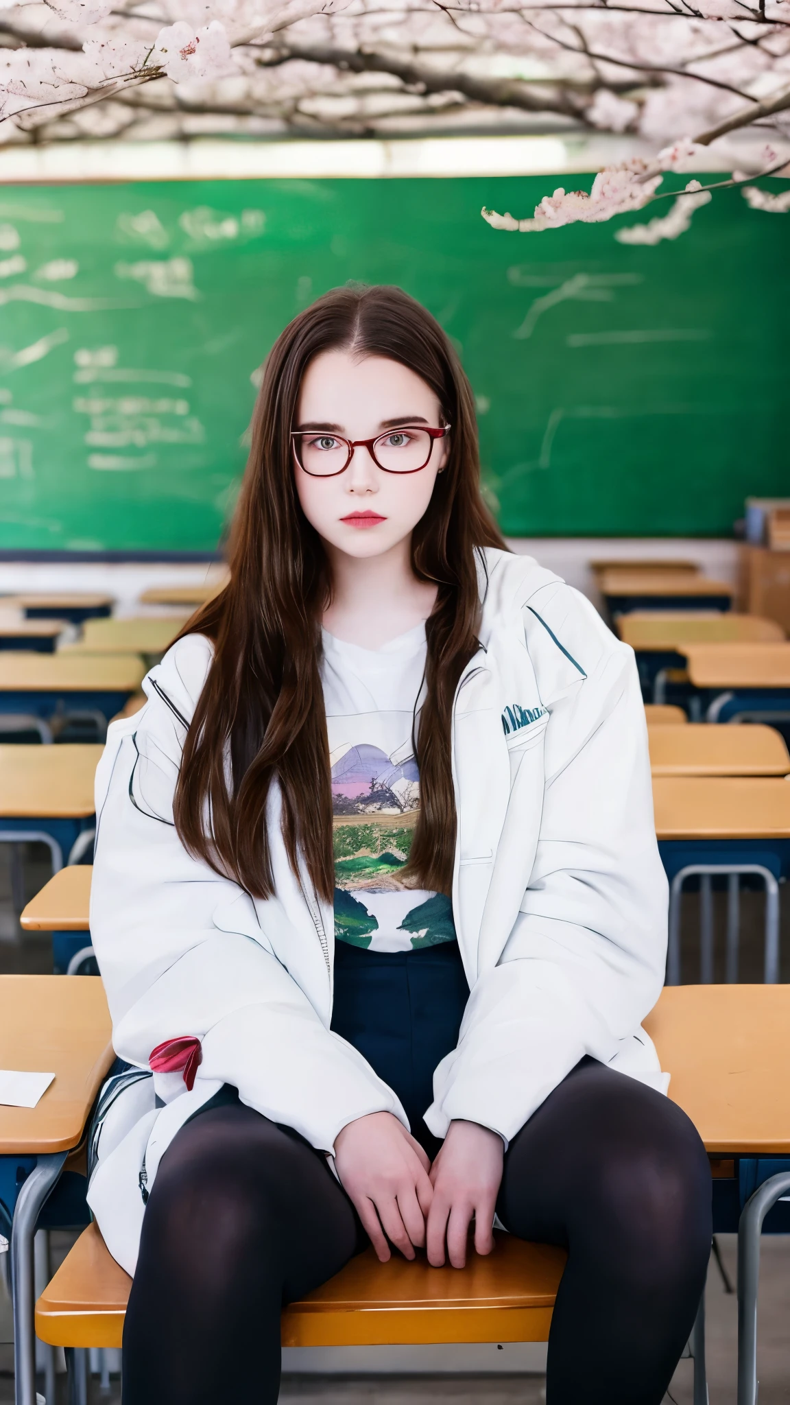 Zoey Deutch, (long hair: 1.3), glasses, wild makeup, t-shirt, jacket, tights, classroom, school, mid-thigh photo, cherry blossom trees