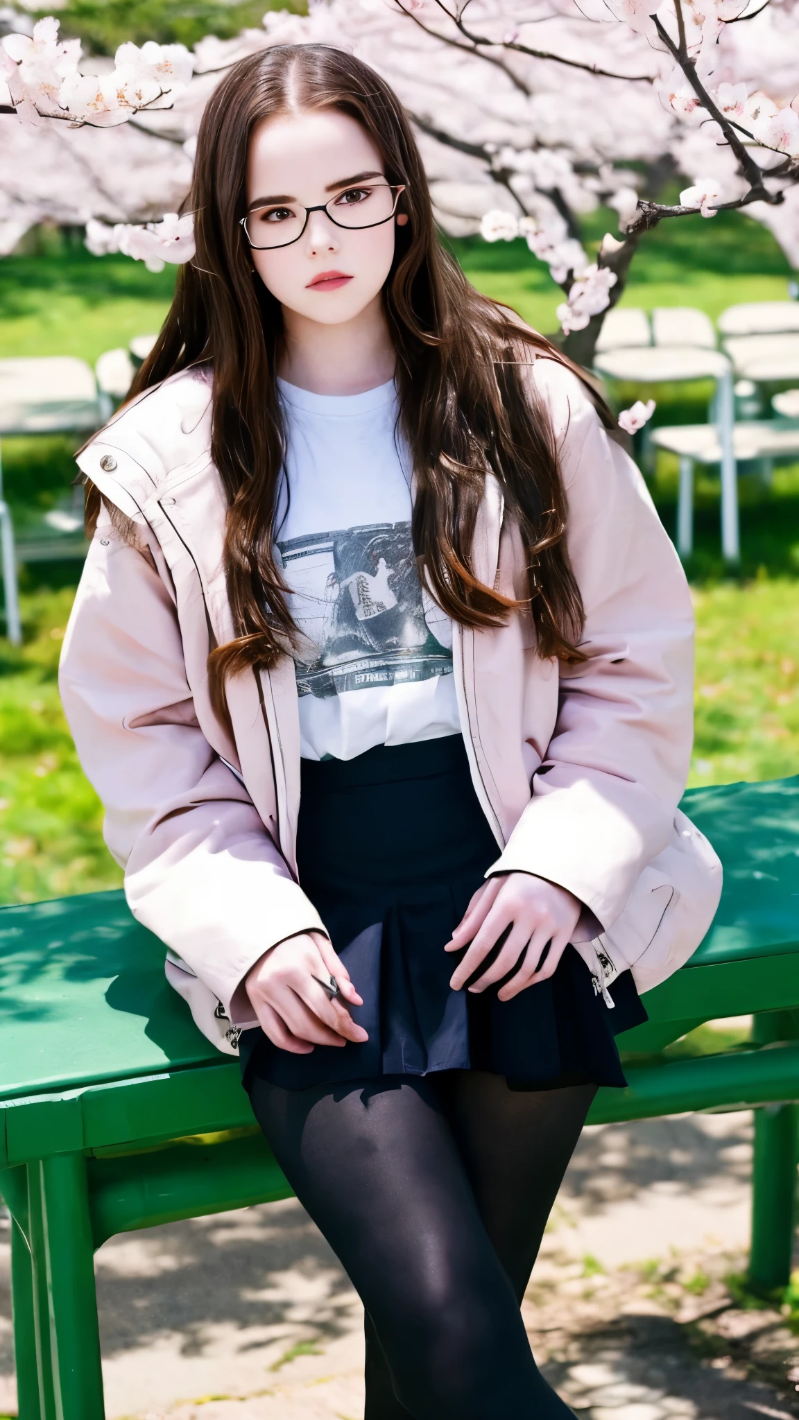  Zoey Deutch, (long hair: 1.3), glasses, wild makeup, t-shirt, jacket, tights, classroom, school, mid-thigh photo, cherry blossom trees