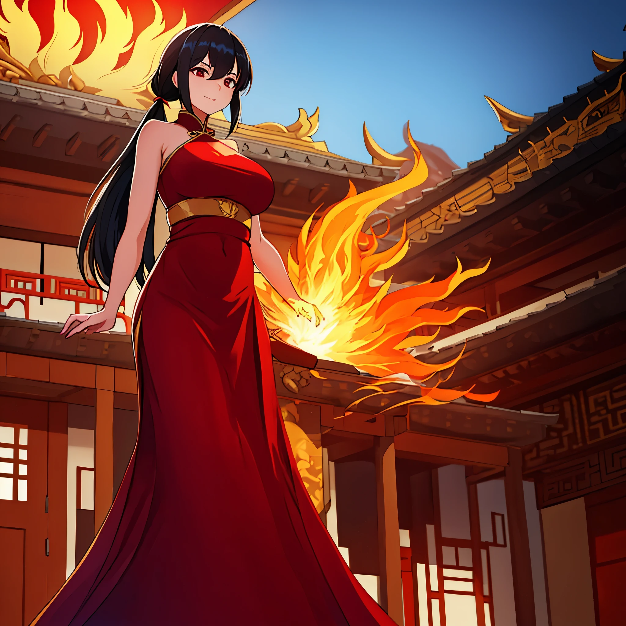 a woman in a red Chinese dress with gold details on the dress, long straight black hair in a Chinese palace at night, with a fiery phoenix behind
