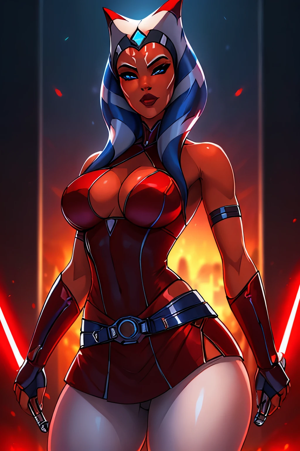 ((ultra quality)), ((masterpiece)), Ashoka Tano, (()), (Beautiful face), (beautiful female lips), (), charming, ((sexy facial expression)), looks at the camera, (Skin color: red), (red skin), glare on the body, ((Detailed eyes)), ((Dark blue eyes)), (juicy female lips), (brown lips), (dark eyeliner), (beautiful female hands), ((ideal female figure)), ideal female body, beautiful waist, beautiful hips, medium breasts, ((subtle and beautiful)), A seductive stance (), (wearing a dark red top, dark red miniskirt, white pantyhose, long dark red gloves) background: Jedi Temple, ((depth of field)), ((high quality clear image)), (clear details), ((high detail)), realistically, professional photo session, ((Clear Focus))