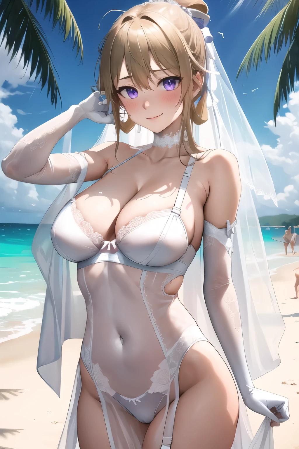 masterpiece, best quality, highres, high_definition, very long hair, a beach, 1girl, solo, a woman in a sexy bridal dress, white glove, sexy pose, blush, little smile, bangs, hair_between_eyes, purple eyes, blond hair, ponytail, big_breasts, sexy lingerie, seductive pose, sexy pose, very long hair, bridal veil, arm behind head, 