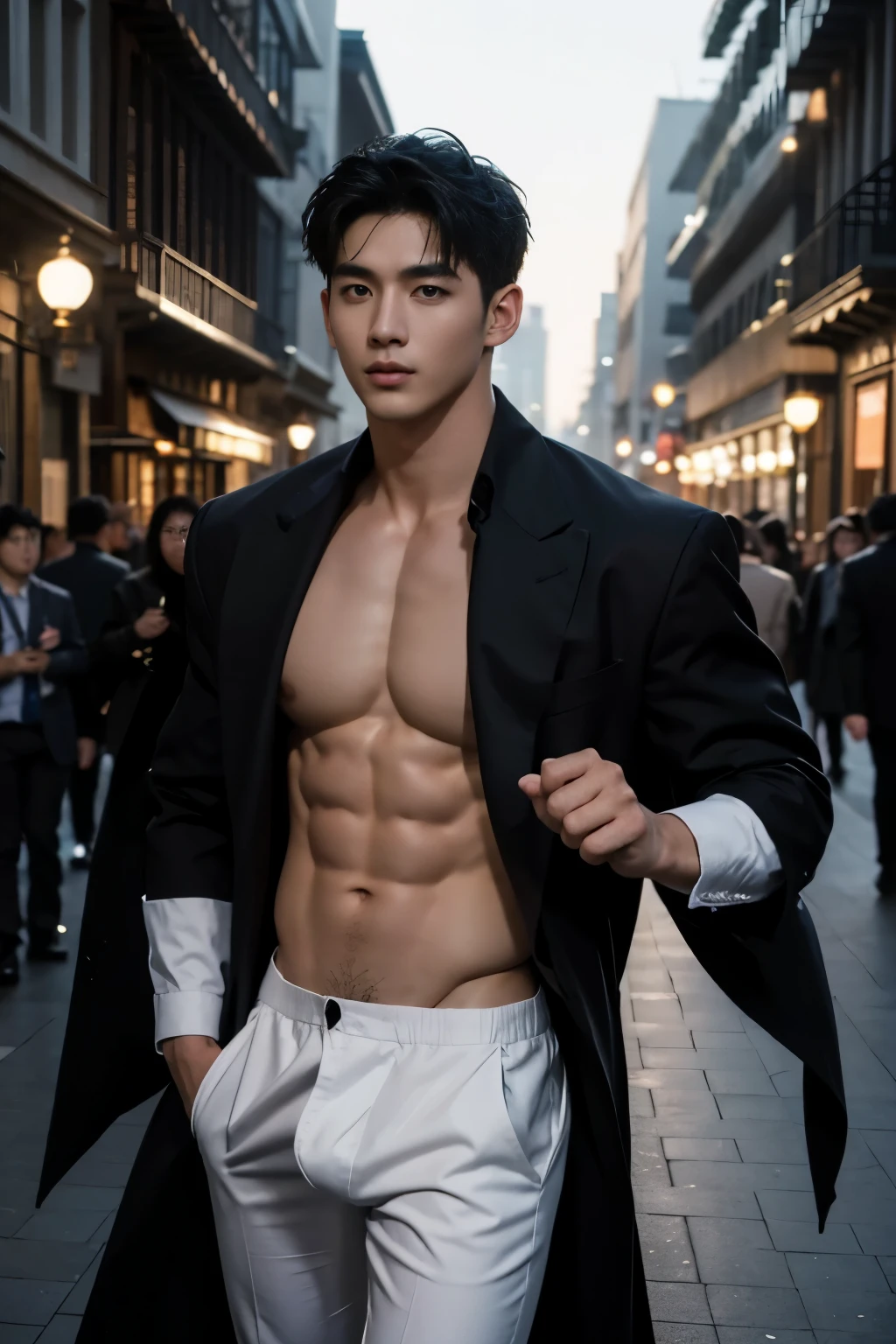 1 hombre coreano, 20 yo, solamente, obra maestra, Cara perfecta, cuerpo musculoso, cuerpo completo, (pecho desnudo), pecho musculoso, Abs, vistiendo un frac detallado, monocle, tiene, pelo corto, Bonitos ojos azules, manos perfectas, guantes, Strict and dynamic posture, personal, Nardack, Street background of a Magical City, with magic circles, Rayos de fondo