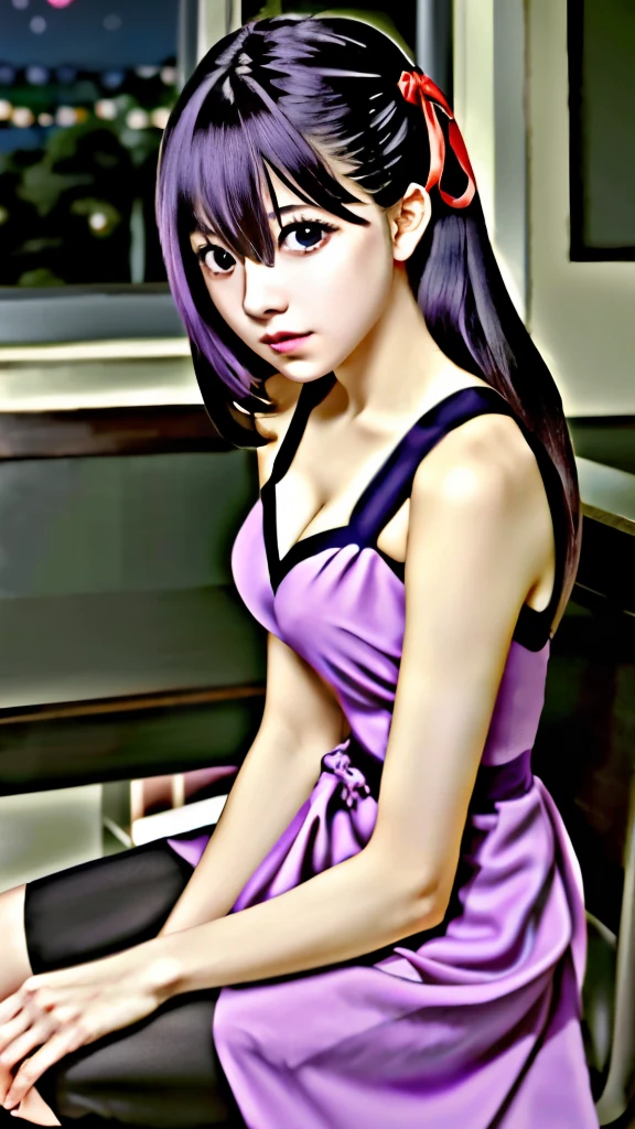 anime girl with purple hair and a pink dress sitting on a chair, misato katsuragi, iwakura lain, anime style like fate/stay night, gapmoe yandere, close up iwakura lain, anime moe artstyle, yuyushiki, as an anime character, in the anime film, anime visual of a cute girl