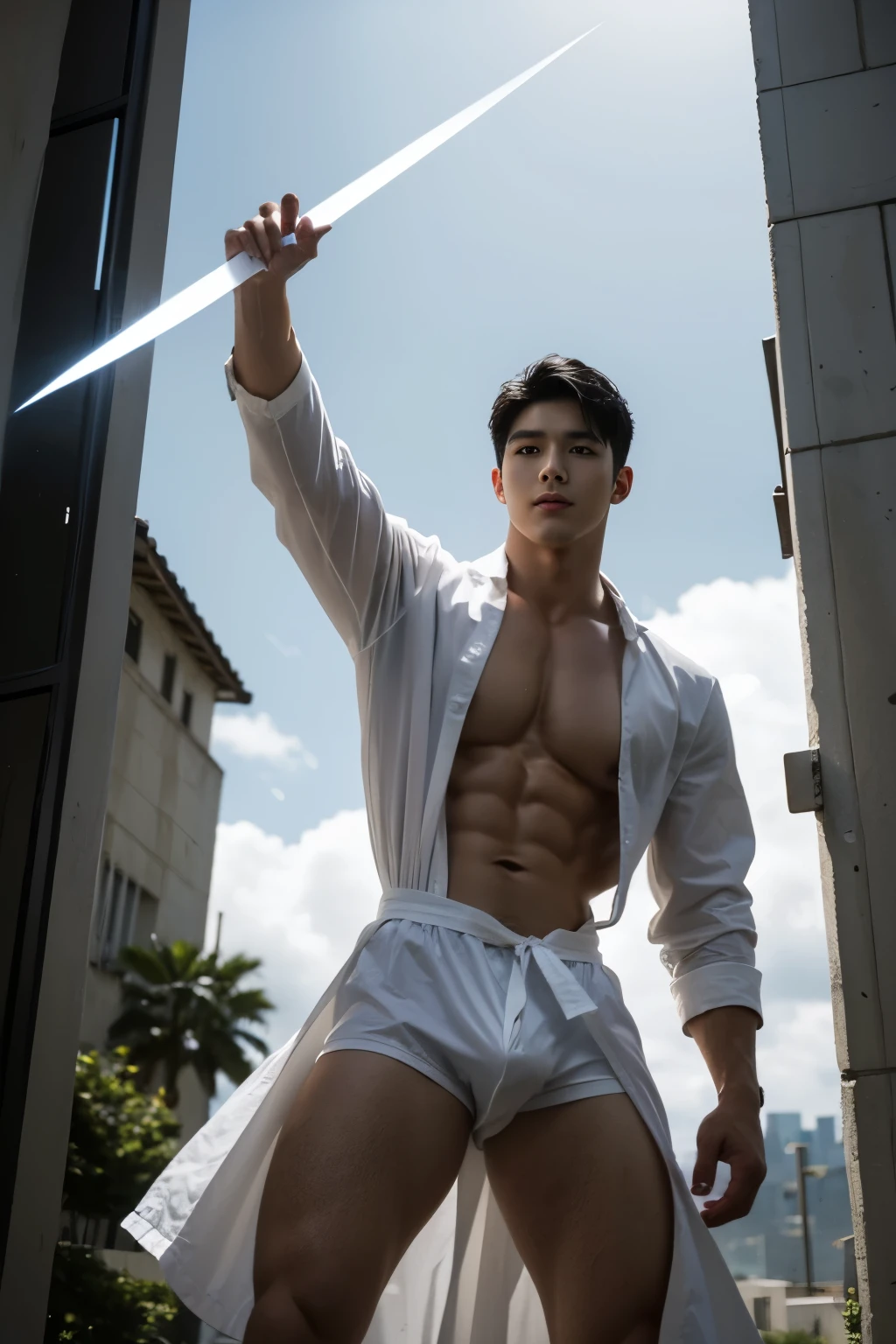 realista, Obra maestra, Detalles intrincados, Antecedentes detallados, Profundidad de campo, muscular, Foto de un guapo (Young Korean man looking like a K-pop idol), 20yo, Shirt with latex collar, shiny latex, Postura de lucha, dynamic  pose, andante, Tangas, Retrato de cuerpo entero, botas negras, sosteniendo un arco, con flechas en la espalda, en la calle de una ciudad medieval, (pelo blanco corto), Tiene un toque de misterio y magia, nubes oscuras, And lightning falling to the ground. entrepierna voluptuosa, piel blanca, palido,