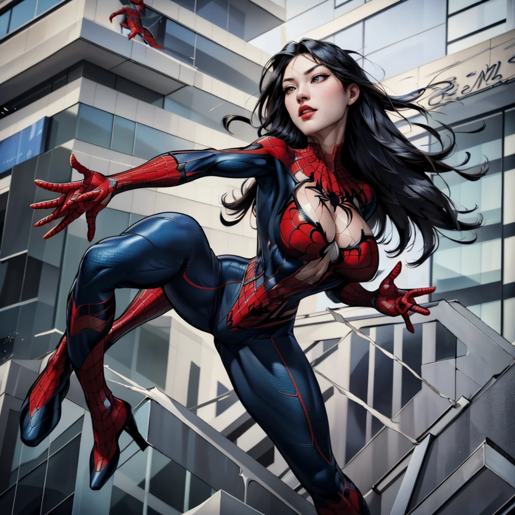 { - anatomy error} (Masterpiece - Ultra-detailed, very high resolution) best qualtiy，outdoors, GameCG，1girll，tmasterpiece，best qualtiy，8K，detailed skin textures，Detailed cloth texture，beautifull detailed face，Complicated details，the ultra-detailed，korean girl, ( korean face)，spiderman uniform，long black hair，（A full body：1.2），cleavage, she is falling from a building, releasing spiderwoman's web