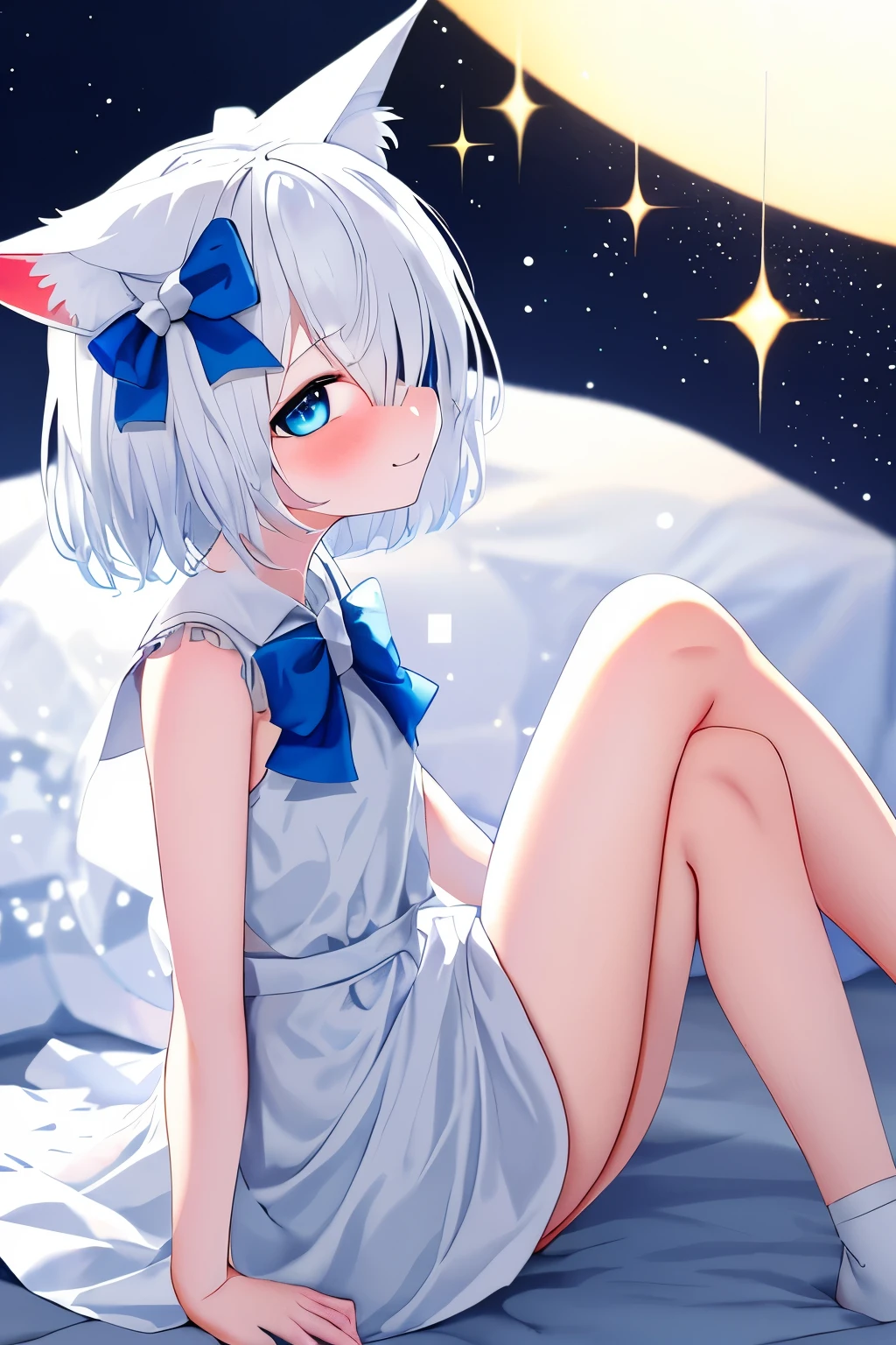 1girl, fox ears, blue eyes, white hair, hair over one eye, from side, pov, sitting, bed sheet, light, nose blush, light smile, white dress, blue bow, sparkle,