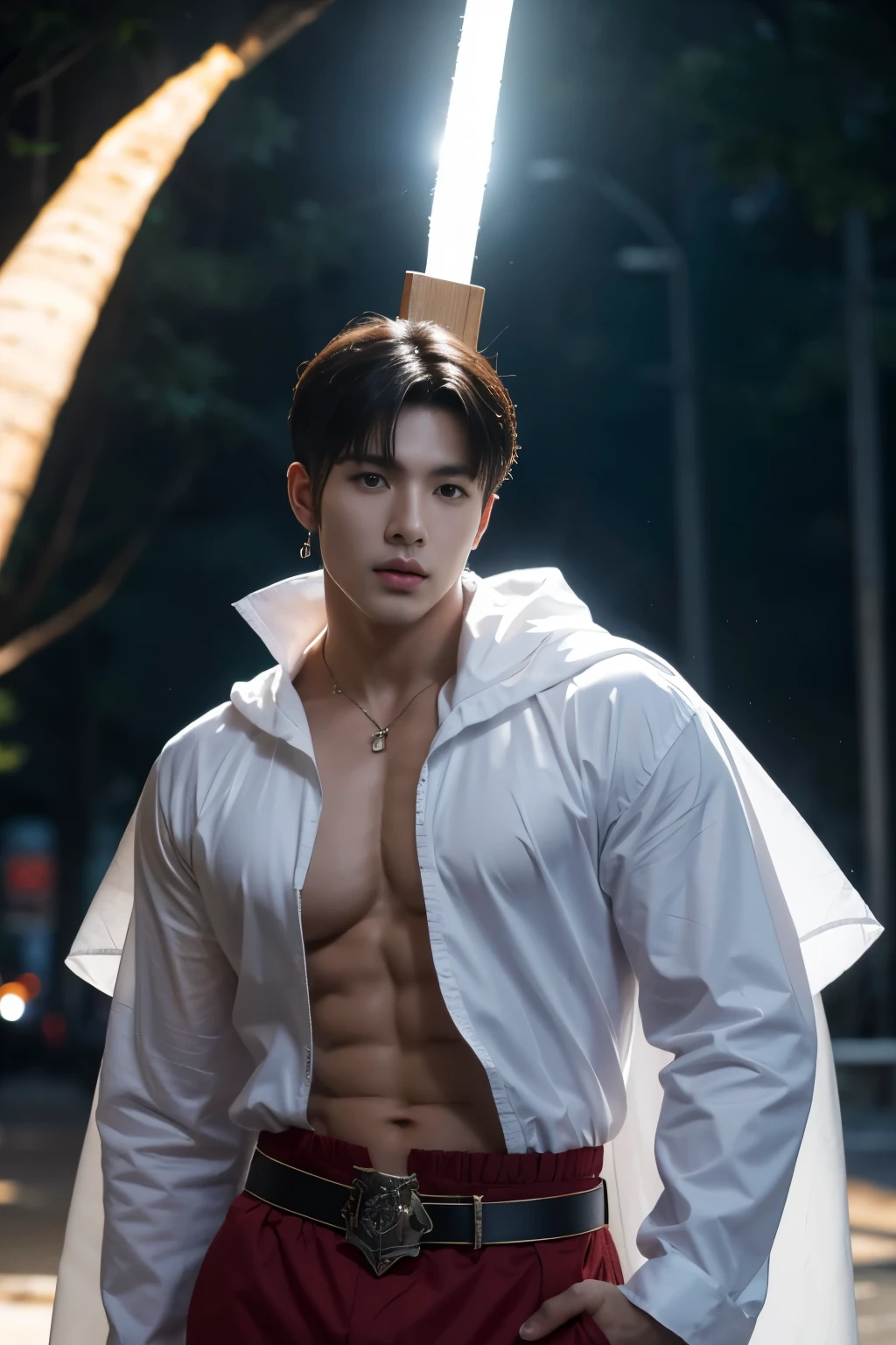 realista, Obra maestra, Detalles intrincados, Antecedentes detallados, Profundidad de campo, muscular, Foto de un guapo (Young Korean man looking like a K-pop idol), 20yo, Shirt with latex collar, shiny latex, Postura de lucha, dynamic pose, andante, Tangas, Retrato de cuerpo entero, botas negras, sosteniendo un arco, con flechas en la espalda, en la calle de una ciudad medieval, (pelo blanco corto), Tiene un toque de misterio y magia, nubes oscuras, And lightning falling to the ground. entrepierna voluptuosa, piel blanca, palido,
