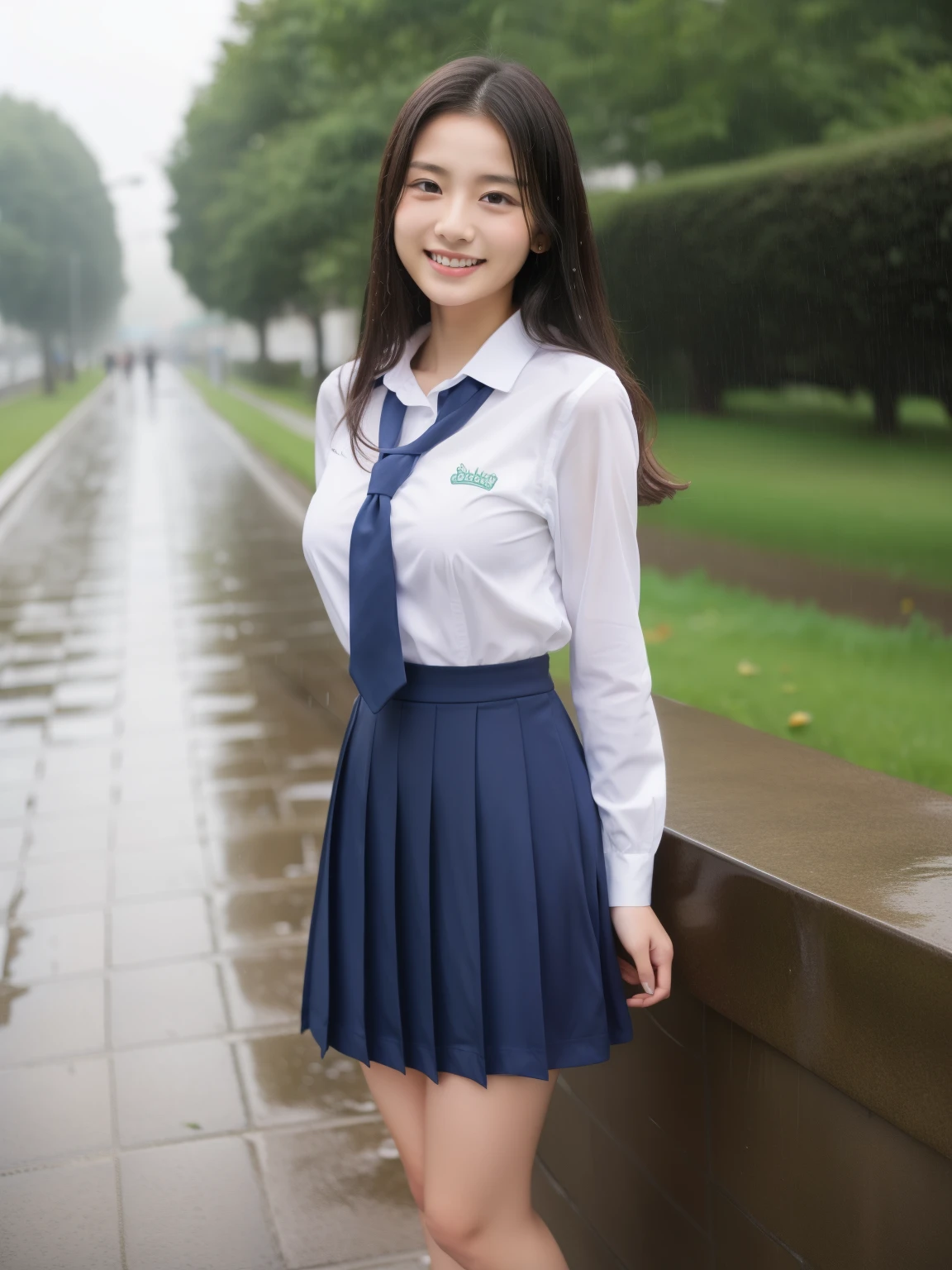 Beautiful woman、18-year-old 、full body shot、80 mm、small breasts、small breasts、small breasts、A sloppy smile、school uniform、body gets wet、rain