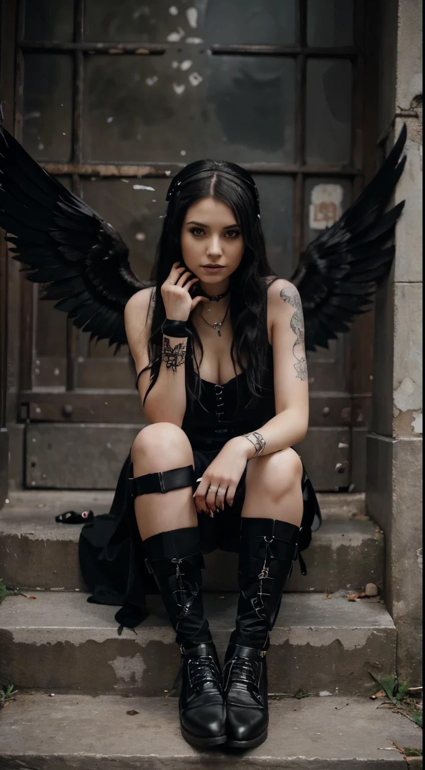 Emo girl sitting on steps against a background of angel wings graffiti like she has", hyper-realistic photography by Marie Angel, tumblr, gothic art, black metal style, with two pairs of wings, cute face. dark fantasy, post-apocalyptic vibe, Mona Lisa as a goth girl, full body;, pic, professional photography]
