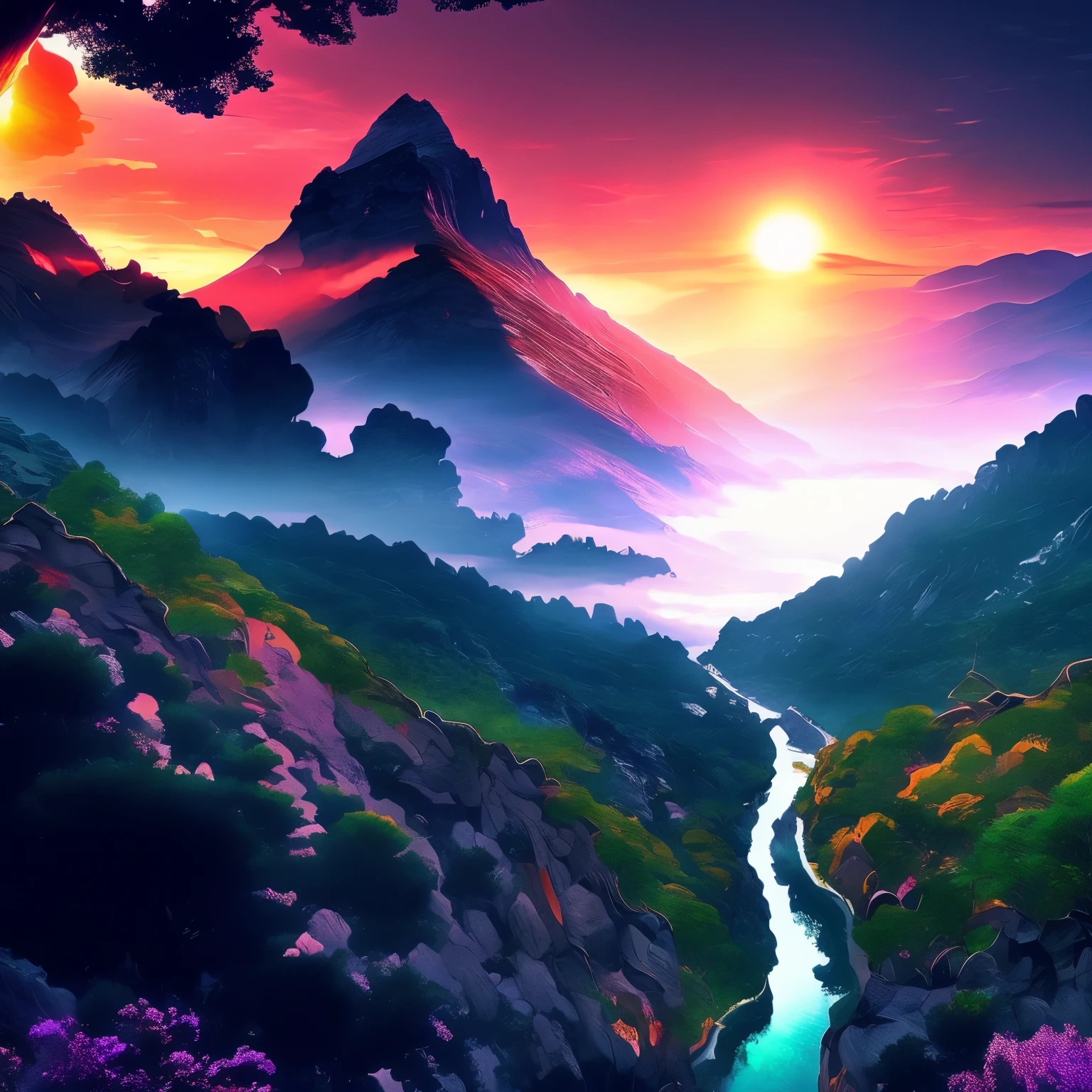 View of a mountain and a river flowing through the mountain, stunning natural background, Made of trees and fantasy valley, majestic natural scenery, beautiful mountain background, epic beautiful landscape, Valle exuberante, nature wallpaper, The most beautiful scenery, very very very beautiful scenery, very very beautiful scenery, landscape wallpaper, amazing wallpapers, very beautiful scenery, anime landscape wallpaper细节丰富,ultra high resolution,