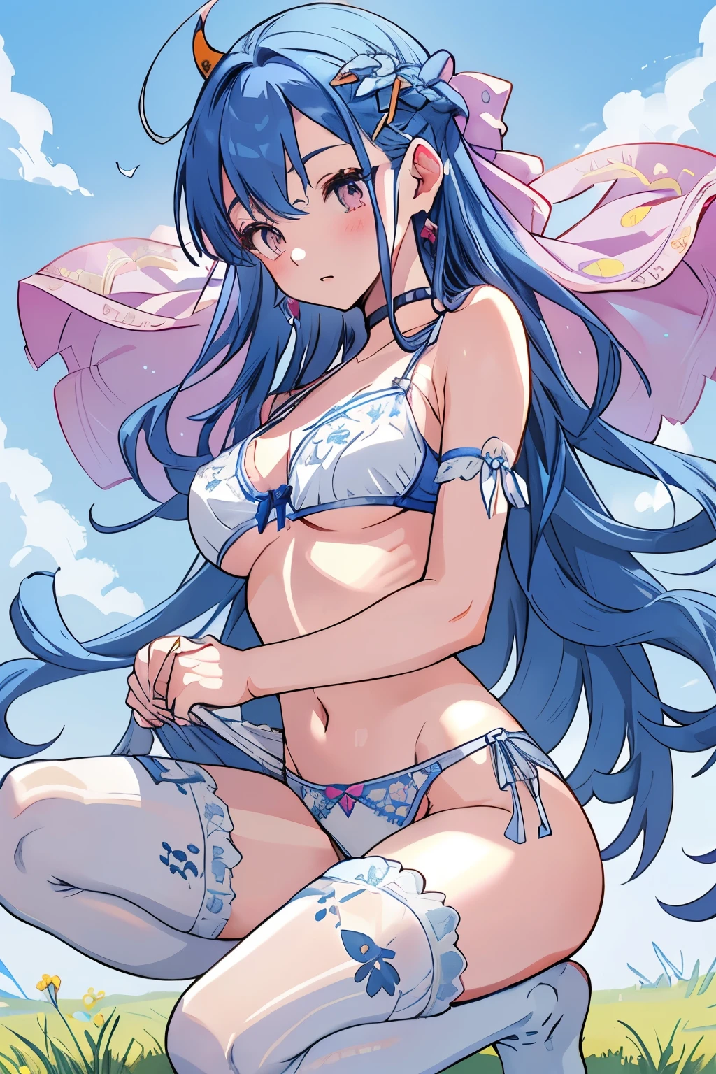 master piece、High resolution、1 girl、(((blue hair)))、FLORA \(DQ5\),LONG HAIR,HALF UPDO,PINK BOW、、low length、slender、thin thighs、outdoor、Daytime steppe、blue sky、Overgrown with grass、squatting down、(((white bra with delicate decorations、panties with detailed decorations、white tights with detailed decorations)))、Shot of her from below