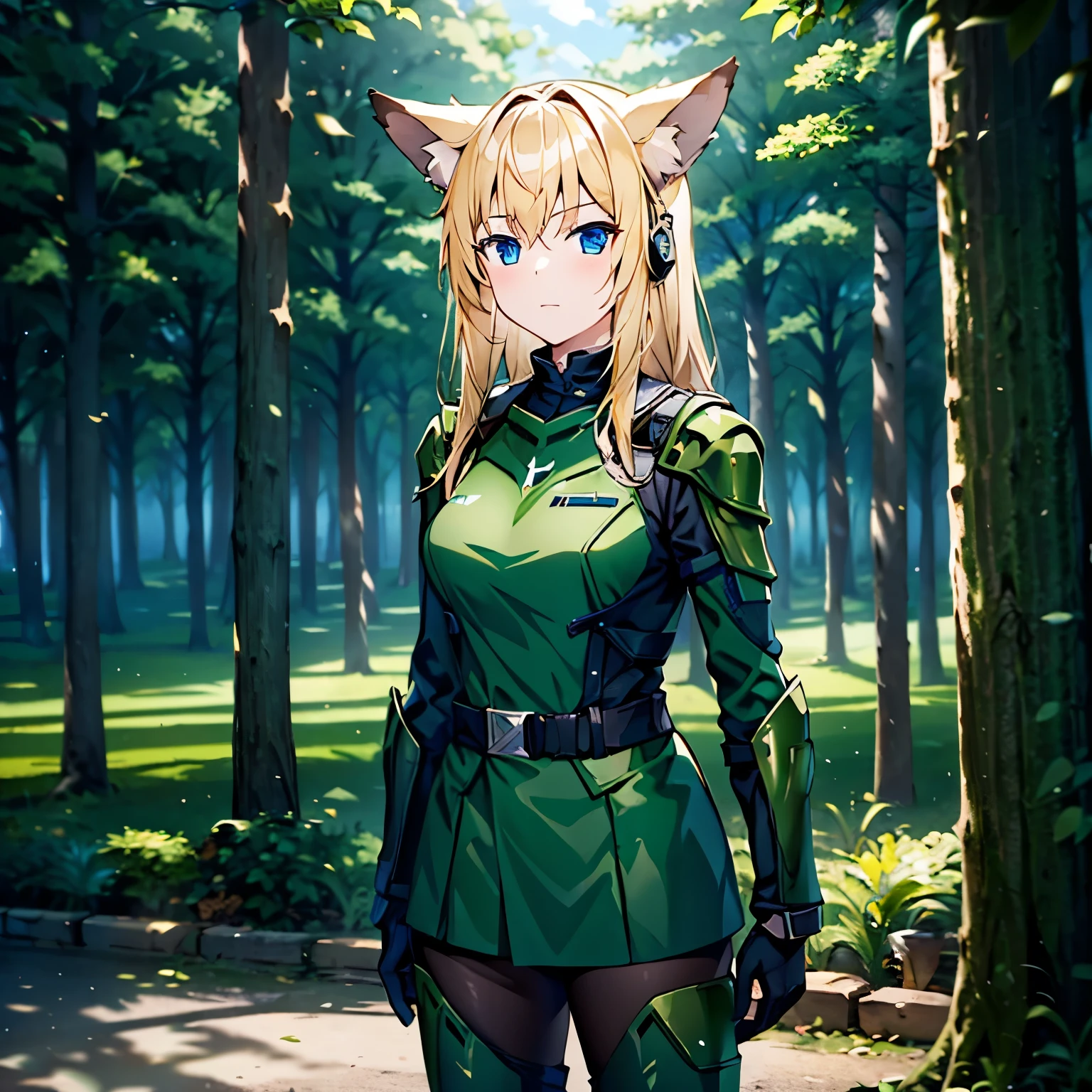 Masterpiece, 1girl, solo, wolf ears, blonde, blue eyes, outdoor, outdoor, woods, green futuristic military armor, night, black boots, standing, flat breast, green military uniform, inside Forrest, female soldier, military armor, futuristic armor, cowboy shot