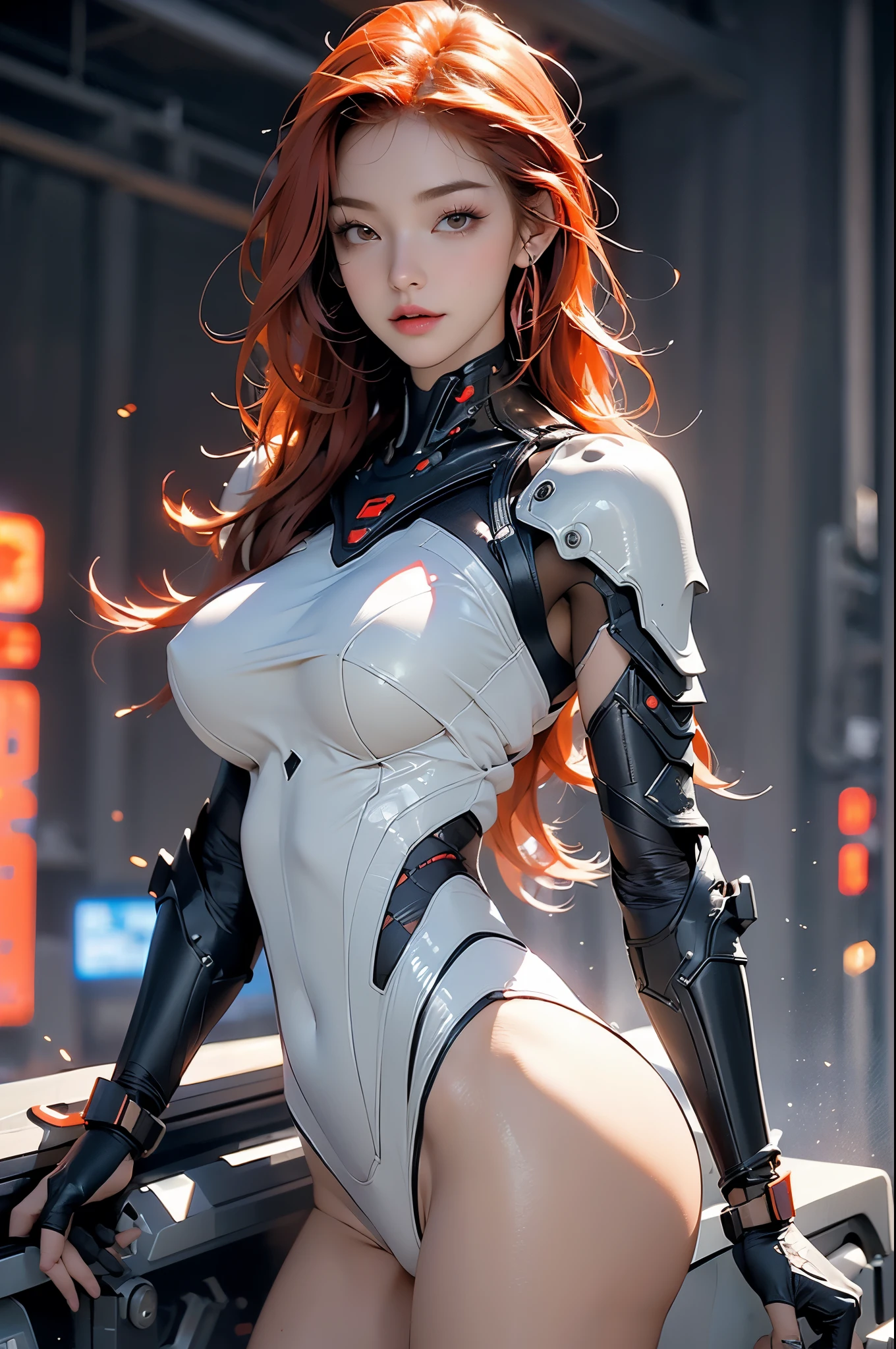 lifelike, high resolution, soft light,1 female, alone, Buttocks up, (Detailed face), long red hair, Cyber Warrior, cyborg, cyberpunk, cyber armor, possessing weapons,luminescent,guns, night city,Naked trench (huge breasts:1.2),wet skin((rogue))Cool atmosphere