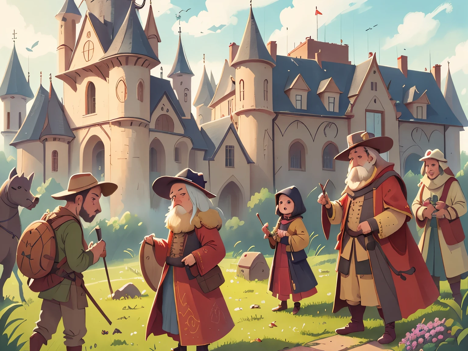 High definition, detailed, ultra detailed,Medieval Europe, medieval clothing, The craftsmen are busy building a magnificent palace,, watercolor, medieval style,