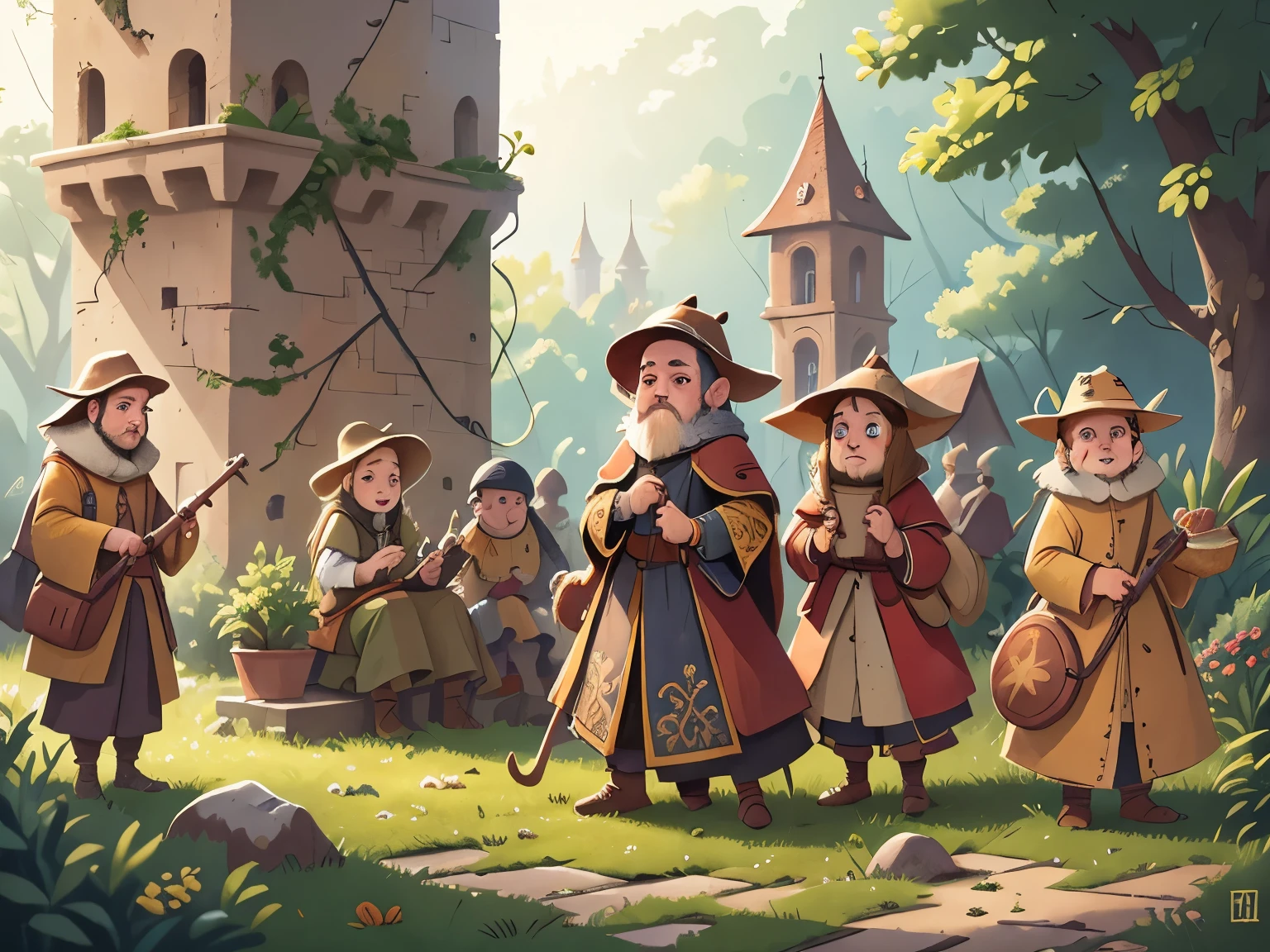 High definition, detailed, ultra detailed,Medieval Europe, medieval clothing, The craftsmen are busy building a magnificent palace,, watercolor, medieval style,