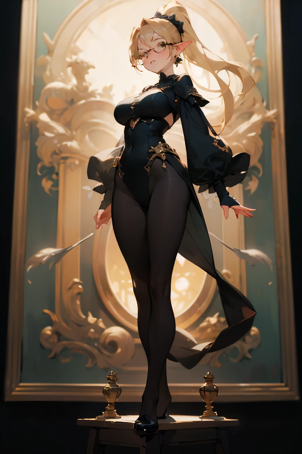 rose, blonde hair, long hair, drill hair, anatomically correct, heavy breathing, mature femalescore_9, score_8_up, score_7_up, score_6_up, uncensored, KamiuntenMira, long hair, yellow hair, orange eyes, naughty face, shiny skin, sweating, BREAK (masterpiece:1.2), best quality, high resolution, unity 8k wallpaper, (illustration:0.8), (detailed eyes:1.3), perfect lighting, extremely detailed CG, (perfect hands, perfect anatomy), hearts, pleasured, 1girl, covered navel, breasts, solo, full_body, weapon, standing, jewelry, black_bodysuit, bodysuit, large_breasts, bodystocking, high_heels, toes, looking_at_viewer, spears, holding spears, card,