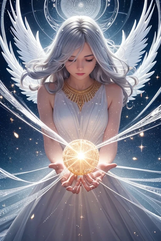 A full-bodied young angelic being flying in a sea of silver particles,holding a hand of an young man full of energy and silver charm, his hair radiating with a golden light. Her body is detailed with silver orb spirals and a kundalini energy that glows from within, following by a striking thunder,super wide view,dramatic scene,long expossure, slow motion
