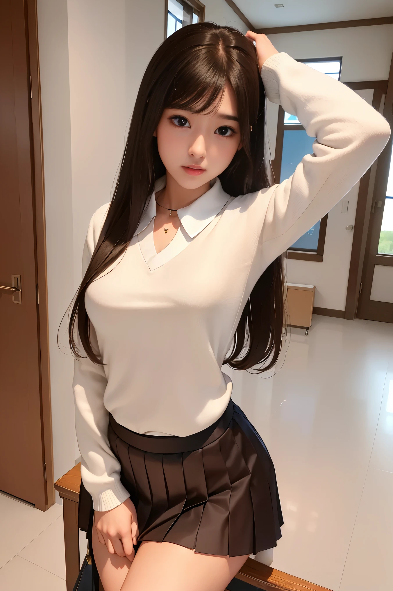masterpiece, best quality, realistic, ultra-detailed, detailed,1 girl,(asian,idol,solo,collar,thin waist, small size breases,long hair, brown hair,)(School uniform, Blouse, pleated skirt, V-shaped sweater, Outerwear, Stocking,Shirt.) in the school,(PureErosFace_V1:0.7)