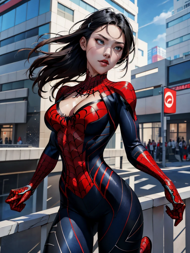 { - anatomy error} (Masterpiece - Ultra-detailed, very high resolution) best qualtiy,GameCG,1girll,tmasterpiece,best qualtiy,8K,detailed skin textures,Detailed cloth texture,beautifull detailed face,Complicated details,the ultra-detailed,korean girl, ( korean face),spiderman uniform,long black hair,(A half body:1.2),cleavage, she is falling from a building