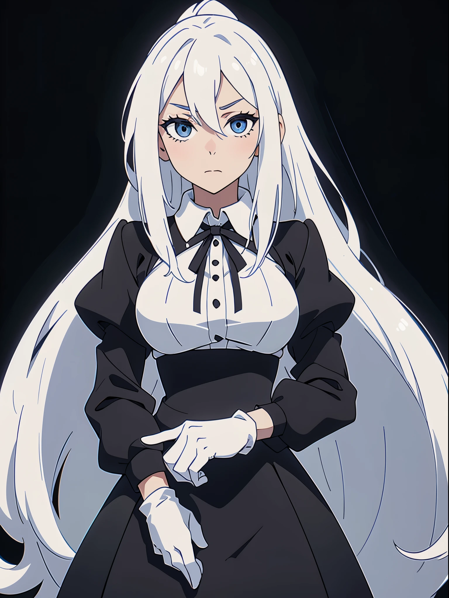 ((White hair)),((Head and Shoulders Image)),(super-long hair),Sexy,A person,Alone,Simple style,pancake ,Simple details,Black background,Empty background,Black background wall,(20 year old woman),(White Gloves),Puffy skirt,(Royal Dress),Lace Shirt,Lace,((Shy))