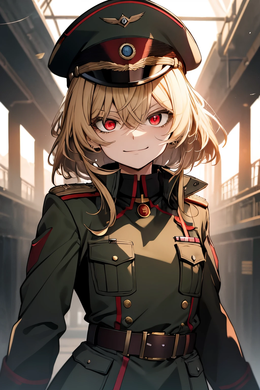 (masterpiece, best quality: 1.1), 1girl solo, tanya, 1girl, solo, , flat chest, small breasts, curvy, military, military uniform, ,, evil smile, wicked expression, anger, red eyes, neutral lighting