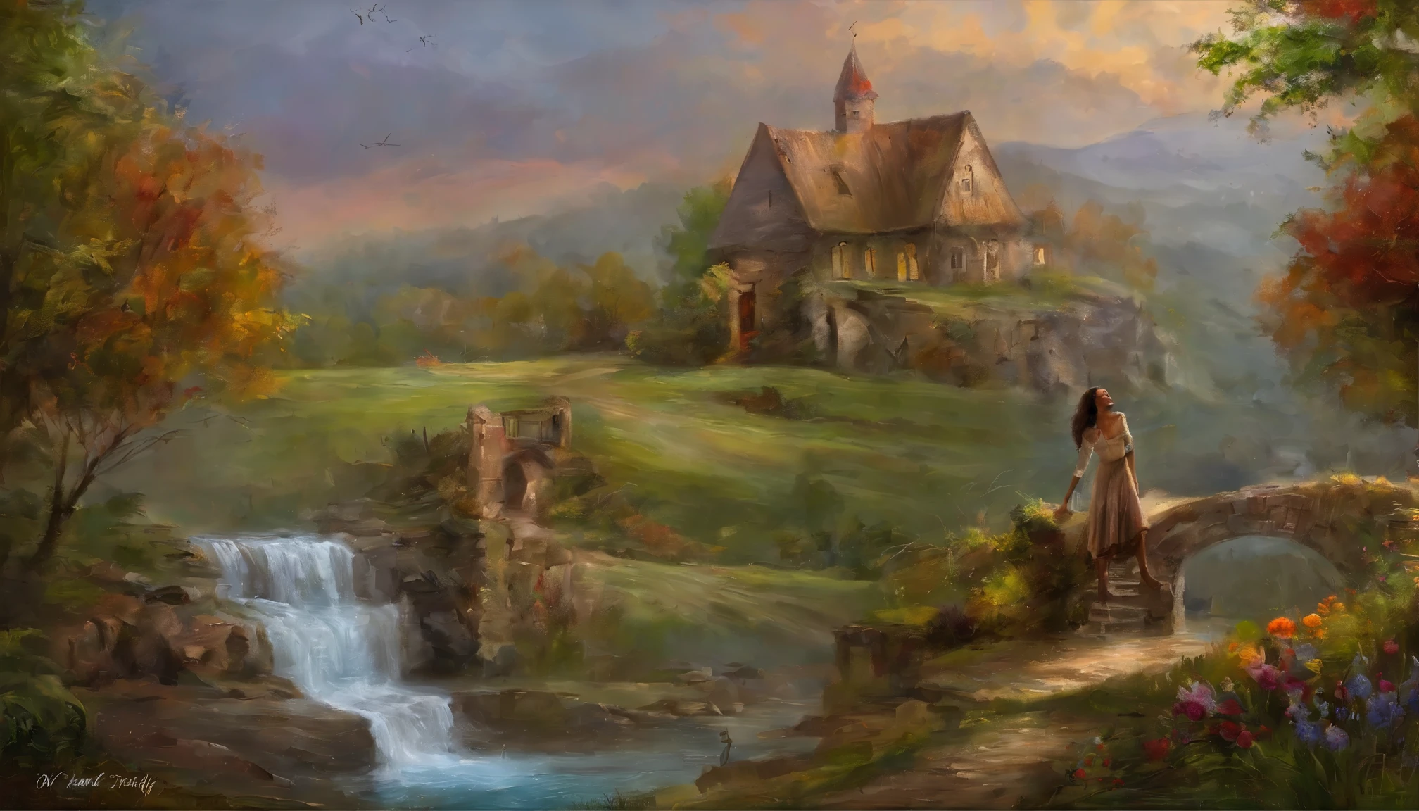 random setting and scene and location: Jlah Drofloh: A Resilient Woman with Asperger's, OCD, and ADHD • Born in 1794 to peasant parents in Mittenia, a rural kingdom. • Overcame struggles with Asperger's, OCD, and ADHD. • Despite a family of alcoholics and overworked mothers, her creativity and talent led her to overcome obstacles. • Physically, she has a strong, full-figured body with an oval face, strong jaw, high cheekbones, and hazel eyes. • Her physical quirks include a jagged question-mark shaped scar on her stomach, borderline unruly hip-length ash brown hair, stress lines on her face, and distinguished callouses on her fingers. • Special abilities include keen visual-spatial skills, auditory processing gifts, spiritual propensity, and gut intuition. • Despite poverty and shame, she persevered, selling embroidered gowns and paintings, and self-educating herself. • She pursued writing, publishing provocative prose and poems that earned underground acclaim. • Now in her fourth decade, she dreams of completing an artistic tribute celebrating Mittenia's beauty.