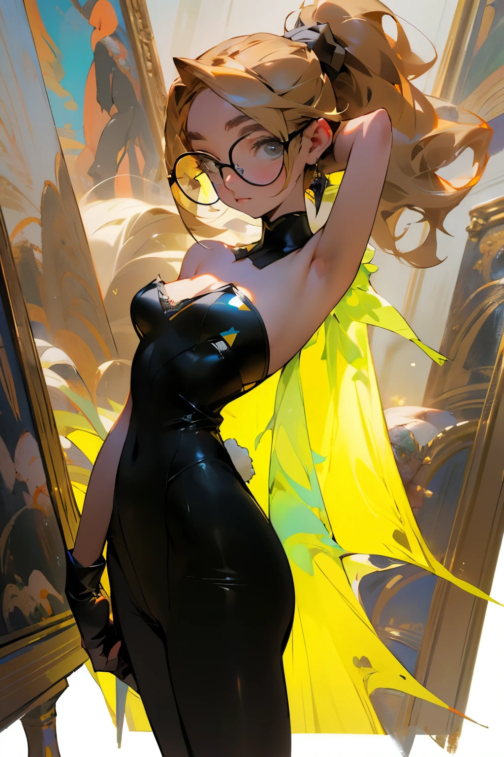 glow，masterpiece, beautiful, 4K, best quality, oil painting portrait style， cute face, big breasts,  blonde，high ponytail，pointed ears，round frame glasses， black pantyhose, Black Bunny Girl costume，standing posture，whole body，gorgeous,Yoga