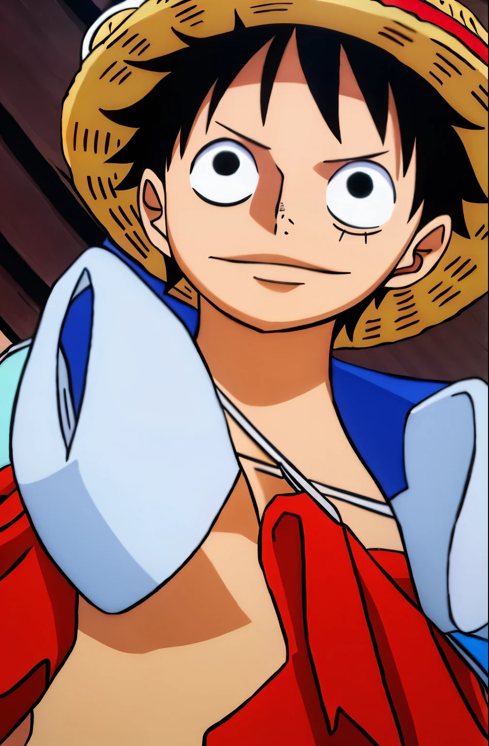 1 , estilo wano, Monkey D. Luffy, sorridente, straw hat, olhando para o espectador, Sozinho, tronco, ((obra de arte)), (melhor qualidade), (extremamente detalhado), profundidade de campo, Outline, sombras escuras intensas, sharp focus, soft lighting, HDR, colorida, good composition, fogo por todos os lados, espetacular, camisa fechada, captura de tela de anime, cicatriz sob o olho, pronto para lutar, olhos pretos