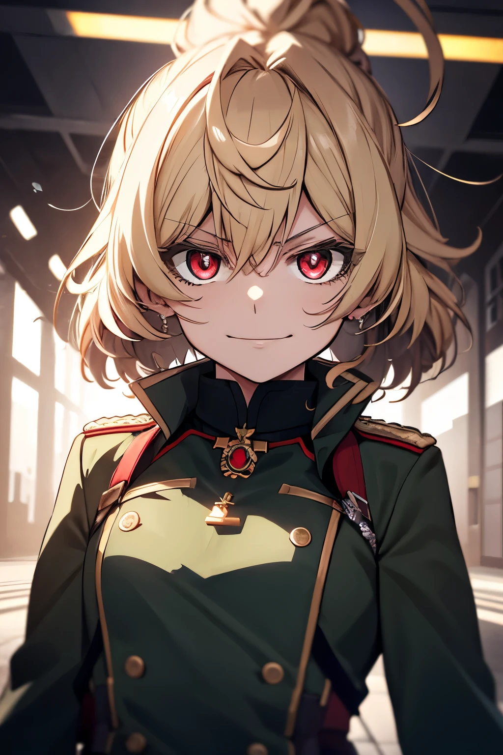 (masterpiece, best quality: 1.1), 1girl solo, tanya, 1girl, solo, , flat chest, small breasts, curvy, military, military uniform, ,, evil smile, wicked expression, anger, red eyes, neutral lighting