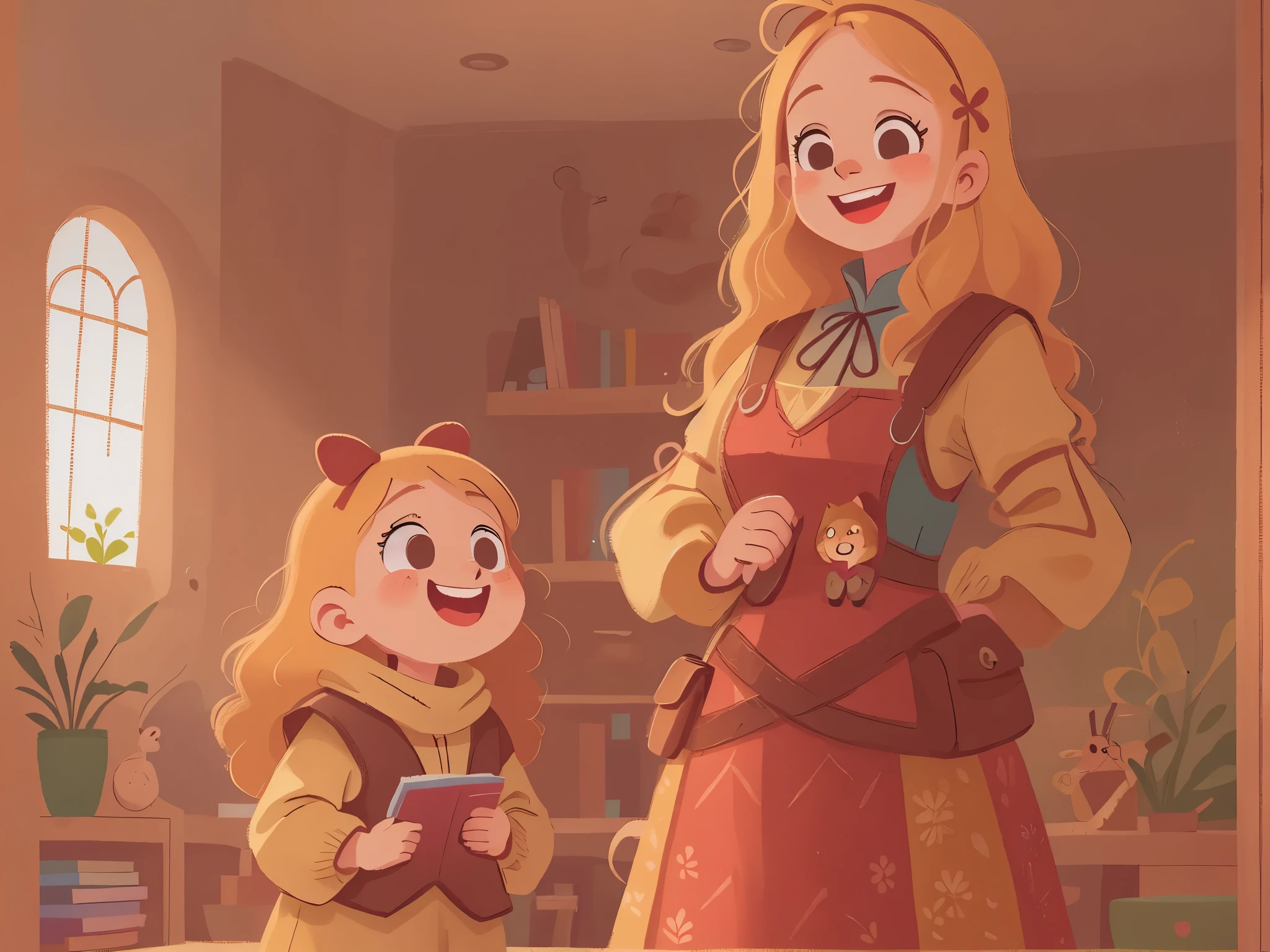 [[[Ultra-detailed, best quality, beautiful, 4K, detailed face, medieval story]]], (((((happy, squinted smile)))), detailed face, detailed eyes, mother standing in the living room Li, blonde, ((standing)), bust close-up, housewife outfit, hands natural, colorful children's book illustration