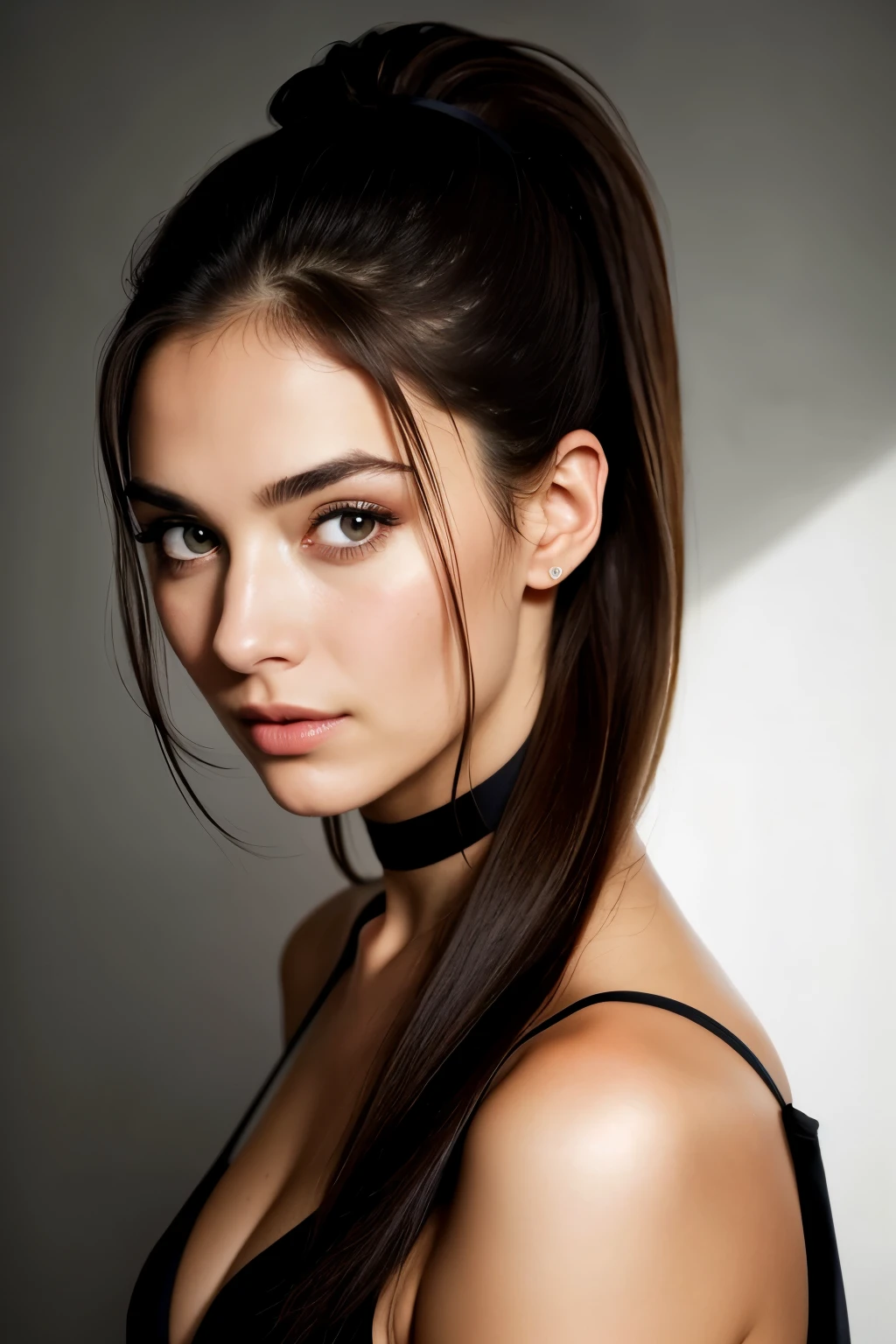 Masterpiece, a beautiful brunette woman in a dark dress, ((Audrey Hepburn:Kate Winslet:0.5)), dark brown eyes with perfect lashes and a pensive gaze, dark, straight hair in a sleek ponytail, great facial features enhanced by cinematic lighting, perfect eyes with ultra-realistic detail, a perfect face free of blemishes or imperfections, a sculpted, toned body, intimate posing for a photorealistic photograph, evocative pose conveying a sense of mystery and allure, ((cute:1.1)), ((sexy:1.2)), looking directly at the viewer with a seductive, come-