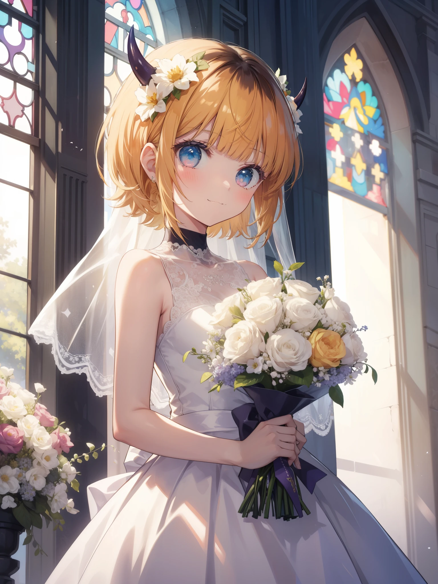 masterpiece, highest quality, High resolution, 1人のgirl, girl, masterpiece、highest quality、masterpiece, highest quality, high again, , 1girl, alone, hair flower, wedding d again ss, Holding a bouquet of flowers in your hands, Chacha, smile, church, white bridal veil, memcho, blonde hair, blue eyes, blunt bangs, demon horns, fake horns, horns, short hair,