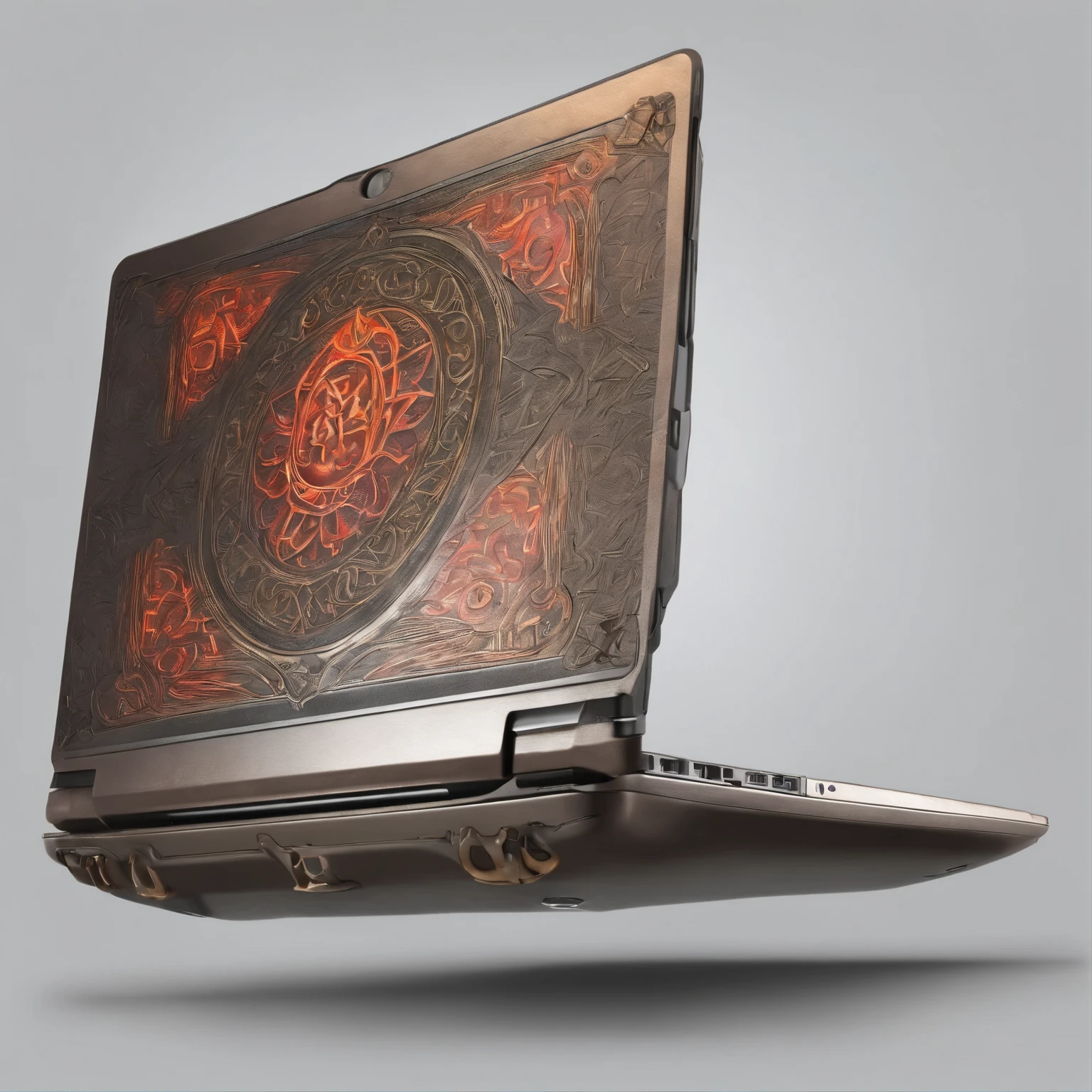 (Best quality,4K,8K,A high resolution,Masterpiece:1.2),Ultra-detailed,(Realistic,Photorealistic,photo-realistic:1.37), 8k laptop render, multiple ports at the front, a gaming laptop, custom laptop, glowing rune symbols on the left and the right of the trackpad detachable screen, rune letters on the side of the laptop, full view, laptop made of magical iron, rune markings on the body of the laptop, RGB lights, colorful lights full device, big laptop, sci-fi laptop, futuristic laptop, fantasy laptop, magical laptop