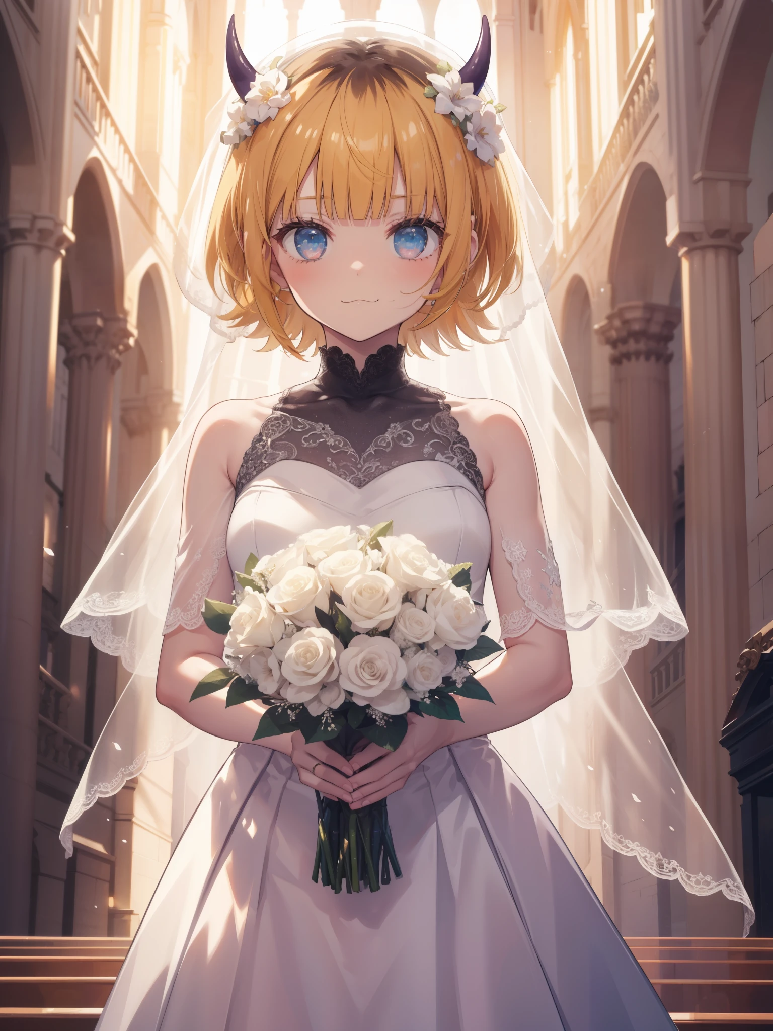 masterpiece, highest quality, High resolution, 1人のgirl, girl, masterpiece、highest quality、masterpiece, highest quality, high again, , 1girl, alone, hair flower, wedding d again ss, Holding a bouquet of flowers in your hands, Chacha, smile, church, white bridal veil, memcho, blonde hair, blue eyes, blunt bangs, demon horns, fake horns, horns, short hair,