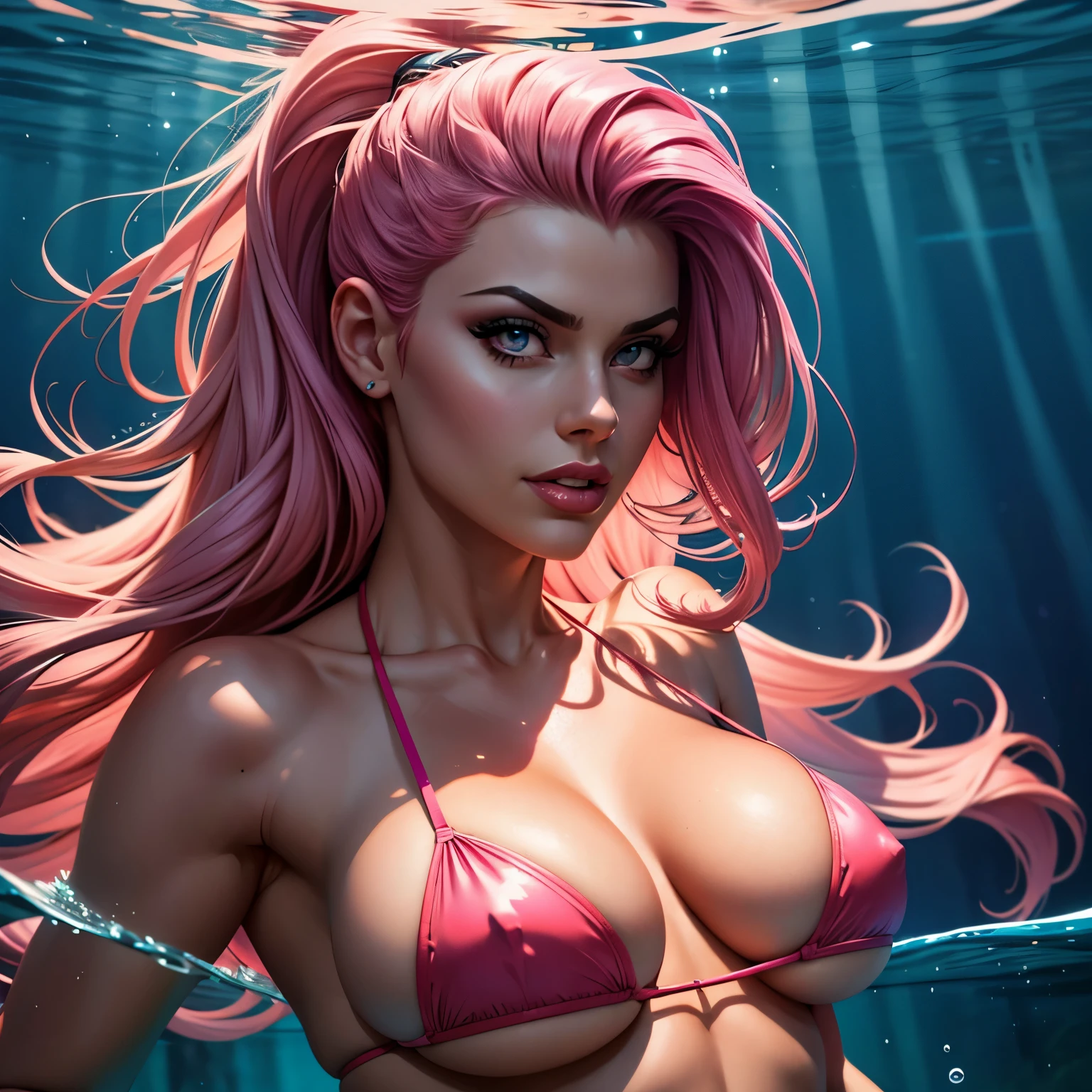 best quality, masterpiece, ultra detailed, ultra high res, realistic, bright colour, female, extremely large breast, very long pink mohawk hair, tiny pink clear see through bikini, front view, under water,
