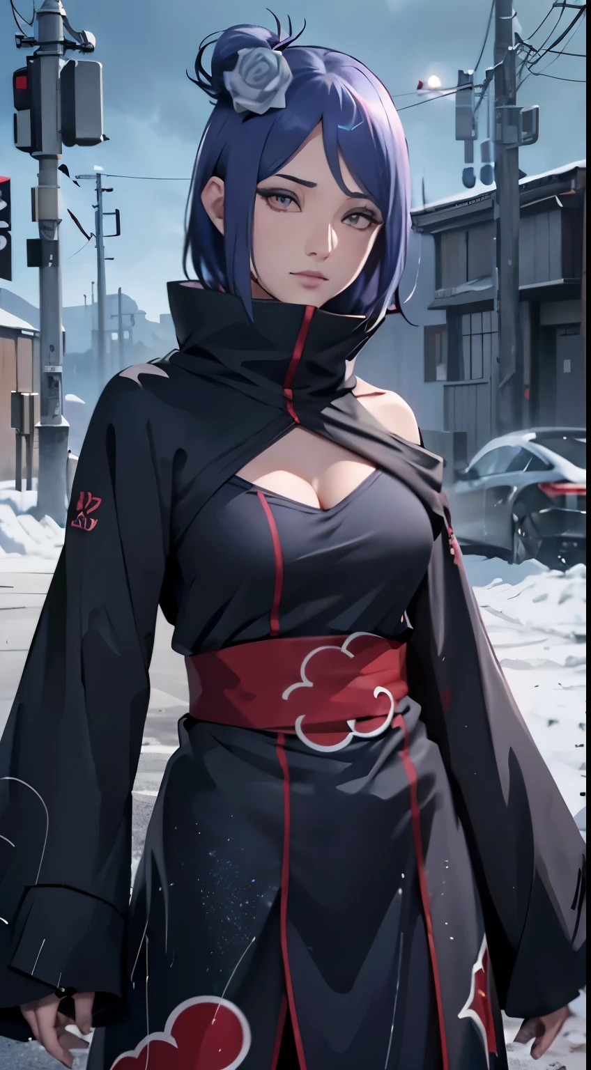 (8K,RAW photos),(best qualtiy),(tmasterpiece),(realisticlying,)(Photorealistic and realistic),(A high resolution),Hyper-detailing,(hentail realism:1.1),beauitful face,
(1female:1.1),Female pervert,(looki at viewer),cowboy lens,jpn,
Xiaonan\(Naruto\),(AKATSUKI OUTFIT:1.1),La Brett piercing,(cleavage:1.5),(Off-the-shoulder attire:1.5),ssmile,Be red in the face,Upper body photo
Dark blue hair,(Flying White Paper:1.5)
profesional lighting、photon maping、physically-based renderingt、
Dark theme,