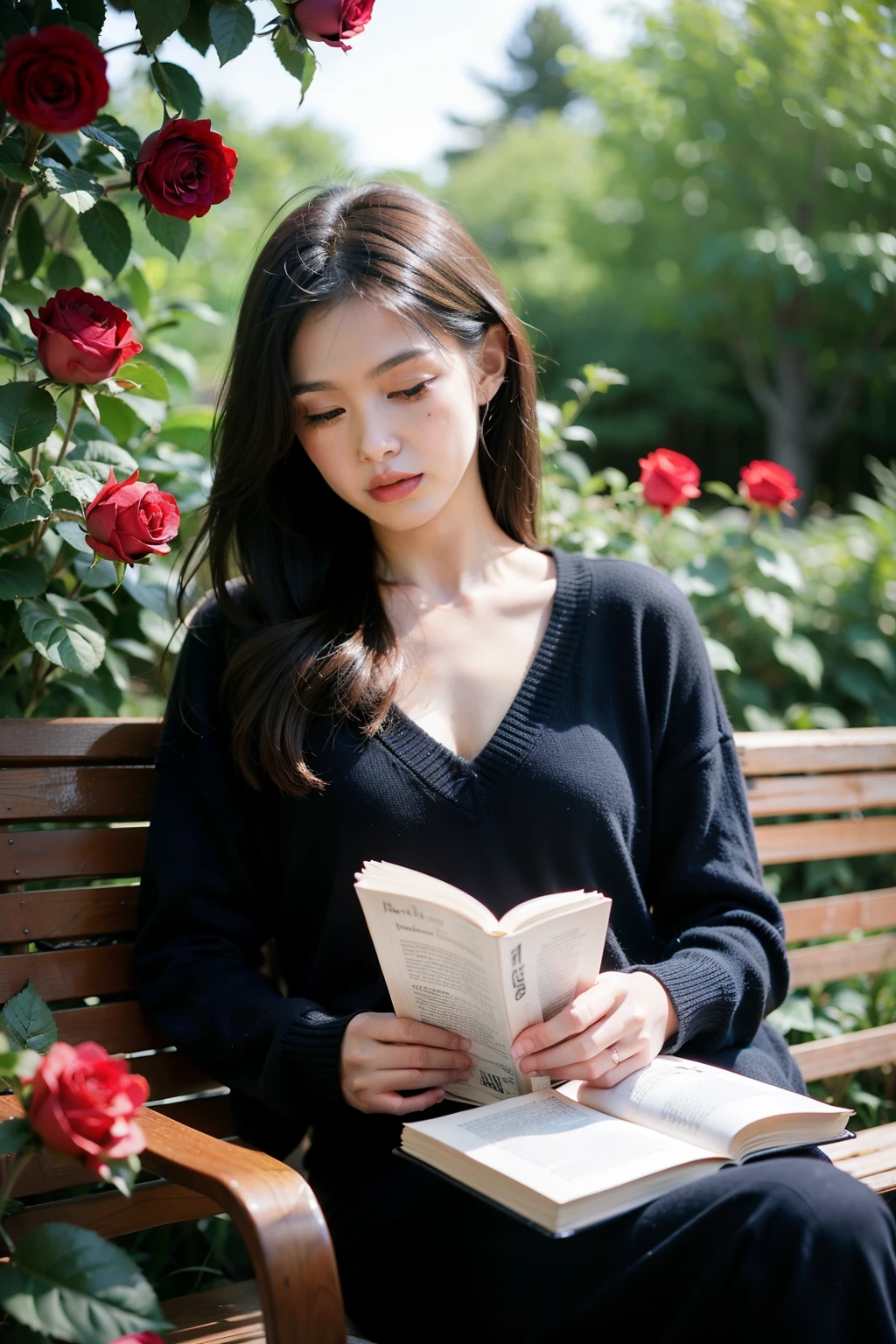 ((Beauty)), ((rosebush)), (read a book),