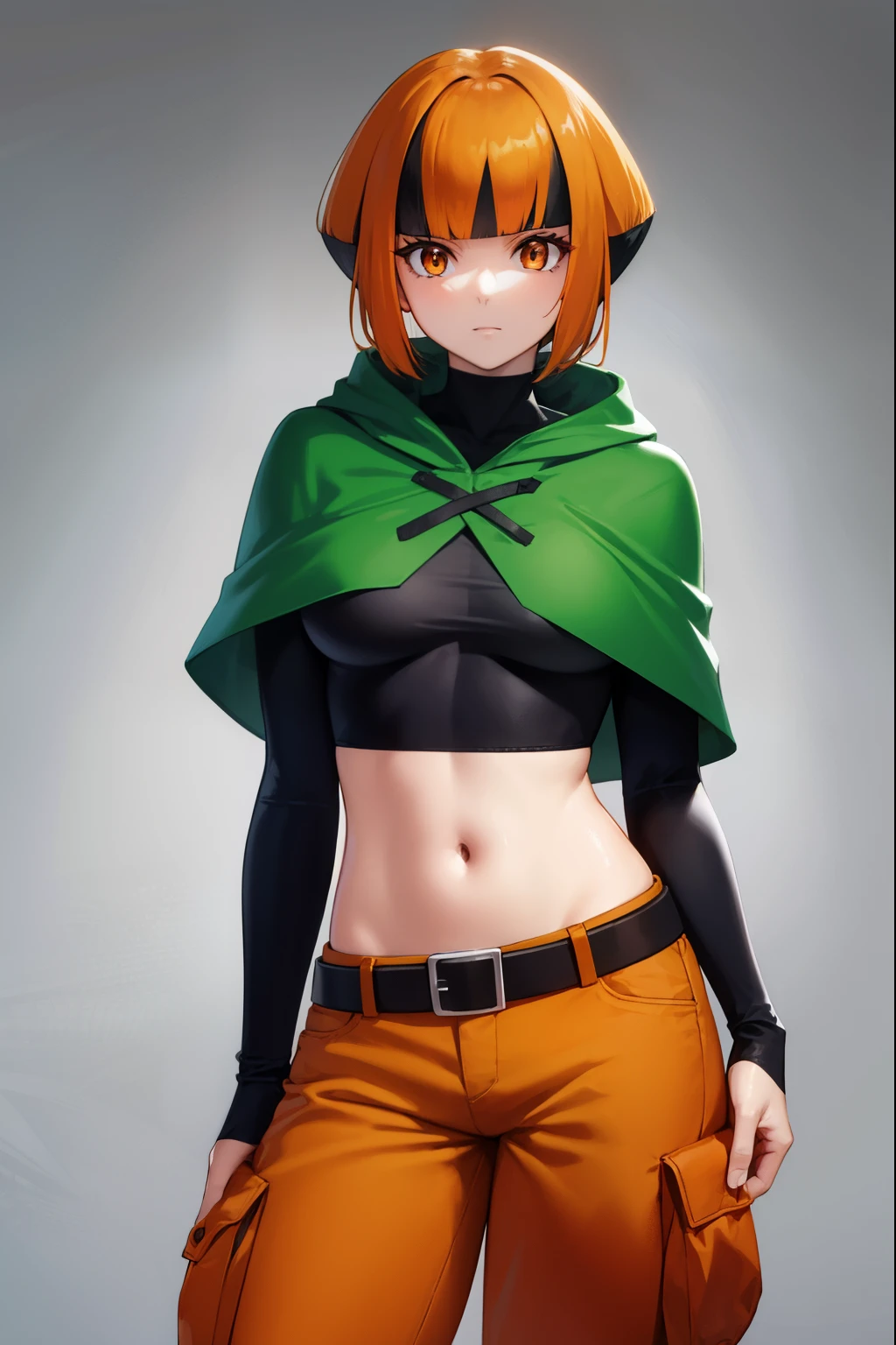 pokemongardenia, pokemongardenia, black hair, bob cut, multicolored hair, (orange eyes:1.5), orange hair, petals, short hair, two-tone hair,
BREAK belt, belt buckle, buckle, capelet, cargo shorts, midriff, navel, shorts, undershirt, long sleeves, green capelet, black undershirt,
BREAK looking at viewer, full body, (cowboy shot:1.5),
BREAK indoors,
BREAK (masterpiece:1.2), best quality, high resolution, unity 8k wallpaper, (illustration:0.8), (beautiful detailed eyes:1.6), extremely detailed face, perfect lighting, extremely detailed CG, (perfect hands, perfect anatomy),