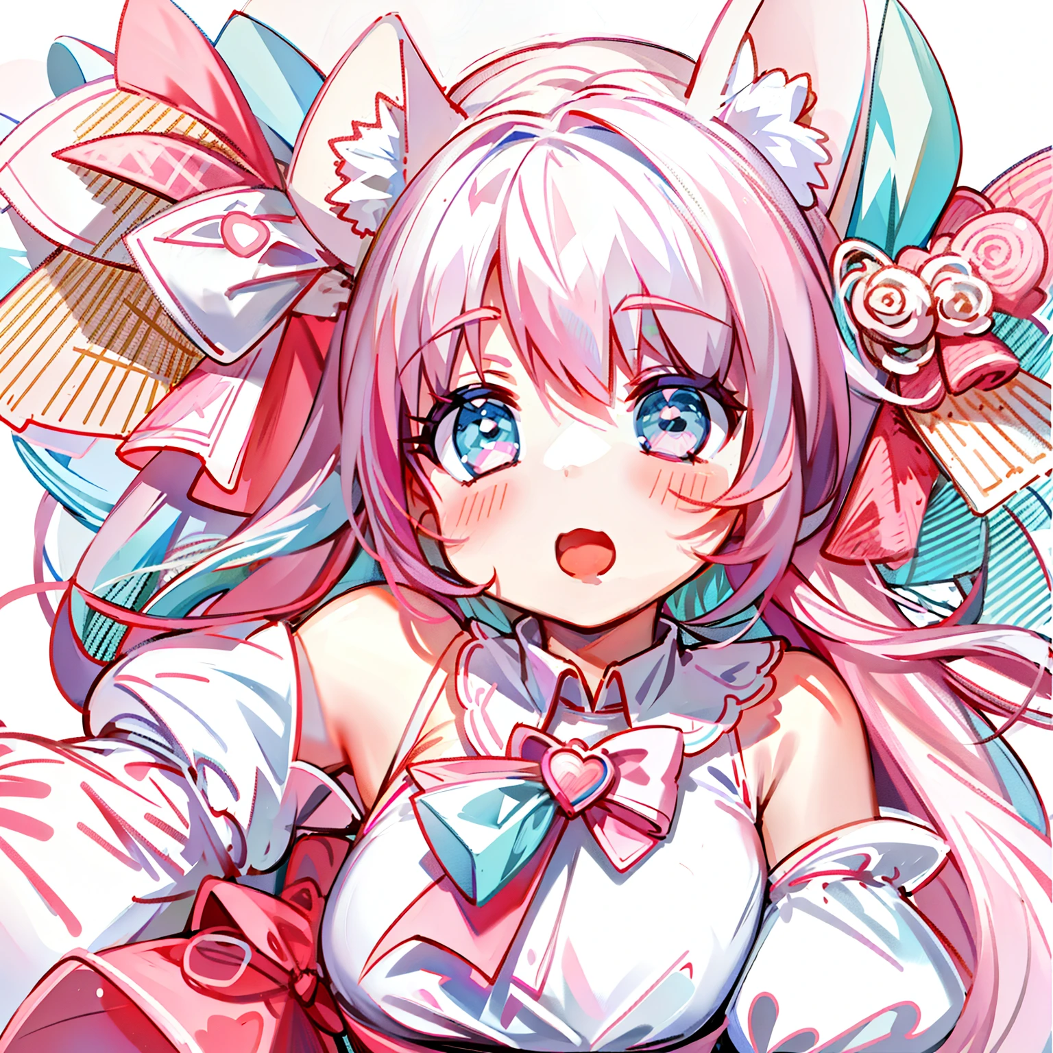 Masterpiece,Best quality, White background, (10:1girll), (10:One guy), Very long hair, White and pink hair , Love decoration , Multiple cyan and pink bows, White and pink pair of cat ears , Cyan eyes , Look straight ahead , love heart , Pink bow tie , White clothes , 5:Open mouth, 5:teeth