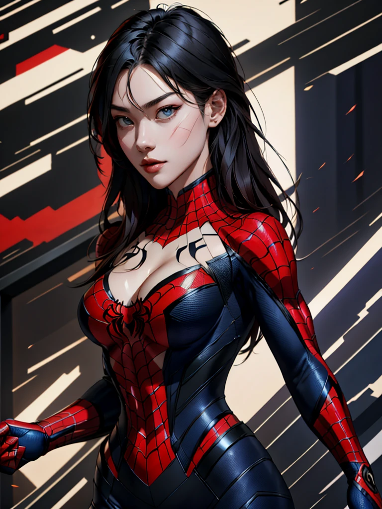 { - anatomy error} (Masterpiece - Ultra-detailed, very high resolution) best qualtiy,GameCG,1girll,tmasterpiece,best qualtiy,8K,detailed skin textures,Detailed cloth texture,beautifull detailed face,Complicated details,the ultra-detailed,korean girl, ( korean face),spiderman uniform,long black hair,(A half body:1.2),cleavage, looking ahead, dinamic poses