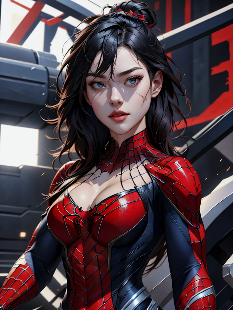 { - anatomy error} (Masterpiece - Ultra-detailed, very high resolution) best qualtiy，GameCG，1girll，tmasterpiece，best qualtiy，8K，detailed skin textures，Detailed cloth texture，beautifull detailed face，Complicated details，the ultra-detailed，korean girl, ( korean face)，spiderman uniform，long black hair，（A half body：1.2），cleavage, looking ahead, dinamic poses