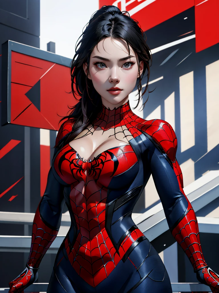 { - anatomy error} (Masterpiece - Ultra-detailed, very high resolution) best qualtiy，GameCG，1girll，tmasterpiece，best qualtiy，8K，detailed skin textures，Detailed cloth texture，beautifull detailed face，Complicated details，the ultra-detailed，korean girl, ( korean face)，spiderman uniform，long black hair，（A half body：1.2），cleavage, looking ahead, dinamic poses