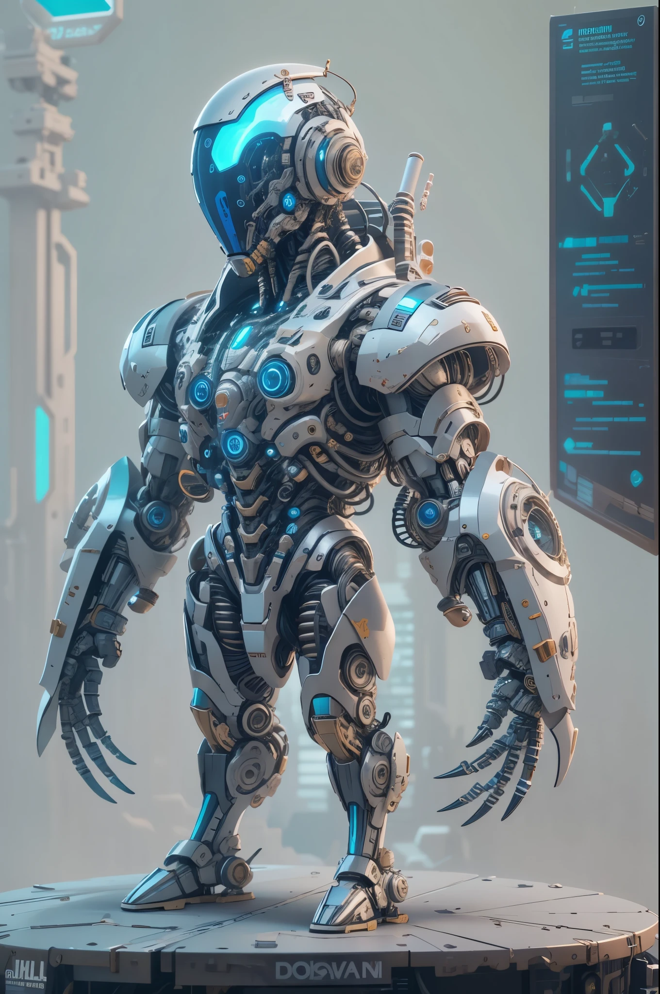 biomechanical soldier，futuristic warrior，cybernetic cyborg，Mechanical prosthetics，Futurism者，lighted hooded jacket，Unreal Engine style rendering，ritual mask，silver and blue，Mechanical Design，close up，cobra，AI，machine，Metal，electric wire，technology，Futurism，Highly detailed，extremely detailed，stand，full body shot，center，3D rendering，art station，octane rendering，8k，,