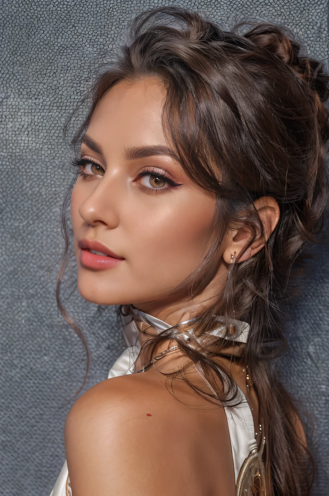 Sexy woman, Albanian, 30 years, cute, neat face, detailed, small neat nose, neat plump lips, big eyes, brown eyes, Alice Milano, long hair, curly hair, natural shine, chocolate hair, full body portrait, look back, without makeup, gorgeous, a woman in a white wedding dress,woman in dessert, western hot city girl with charm face, (masterpiece), best quality, high resolution, extremely detailed, depth of field
