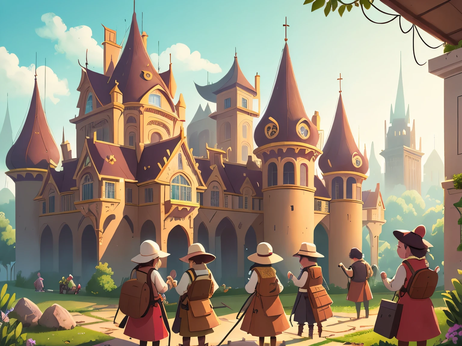 (The craftsmen are busy building a magnificent palace:1.5), High definition, detailed, ultra detailed,Medieval Europe, medieval clothing, watercolor, medieval style,