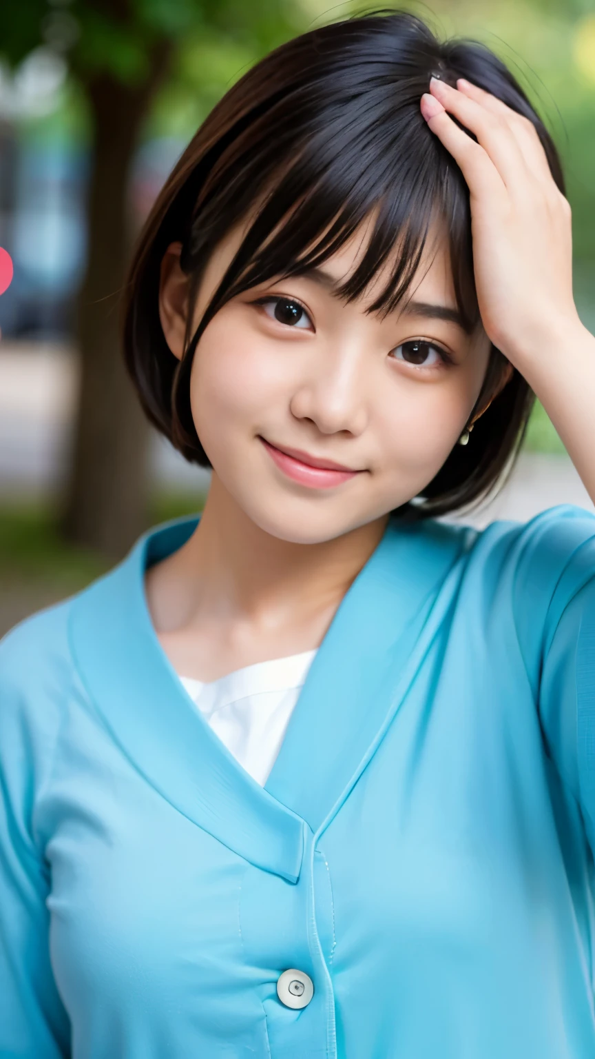 Best-quality, Masterpiece, Ultra-High-Resolution, (Photorealistic:1.4), Raw-Photo, 1girl, -yeld, thost famous Japanese idol, wearing only Japanese high-school uniform with cute design, face-focus, hands on head, extremely cute face like a most popular Japanese idol, extremely beautiful big-black-eyes, extremely beautiful black-short-cut-haired, extremely beautiful long-eyelashes, extremely beautiful lips, extremely beautiful skins, innocent-smile, detailed Japanese-high-school-uniform-with-cute-design