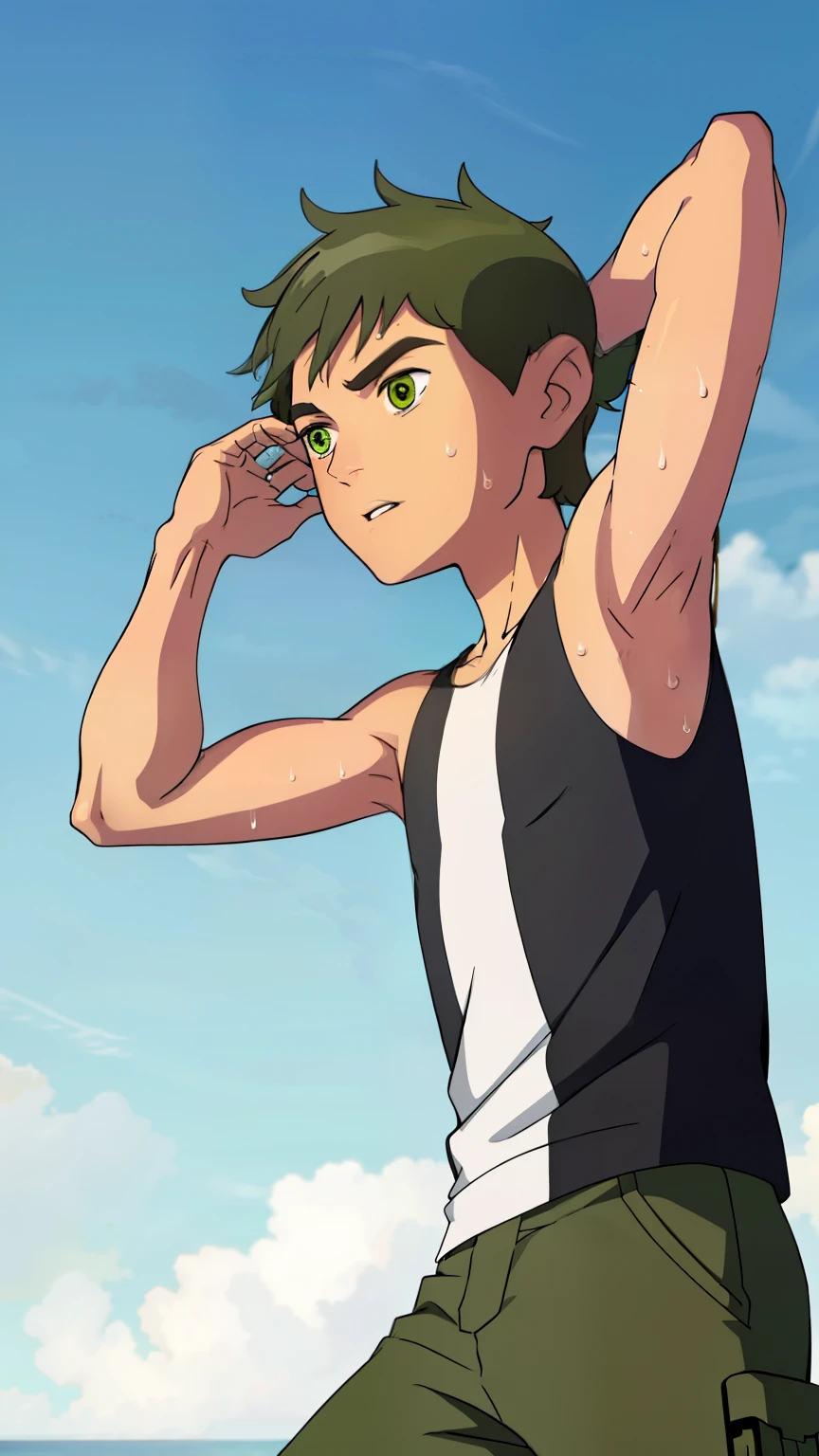 Highres, Masterpiece, Best quality at best,Best Quality, 1boy, bentennyson, green eyes, cargo pants, Tank top, Seen from the side, (Armpit), Sweat, the day, summer