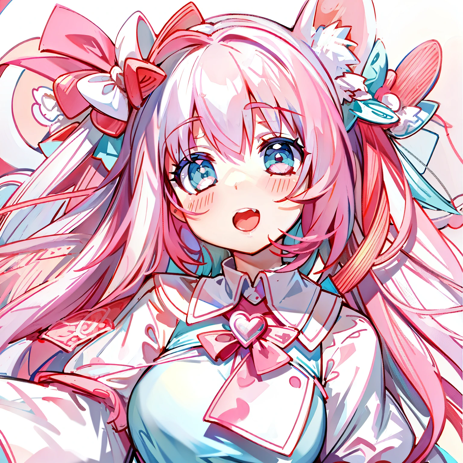 Masterpiece,Best quality, White background, (10:1girll), (10:One guy), Very long hair, White and pink hair , Love decoration , Multiple cyan and pink bows, White and pink pair of cat ears , Cyan eyes , Look straight ahead , love heart , Pink bow tie , White clothes , 5:Open mouth, 5:teeth