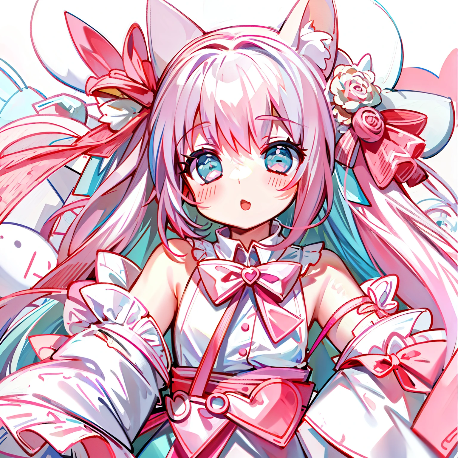 Masterpiece,Best quality, White background, (10:1girll), (10:One guy), Very long hair, White and pink hair , Love decoration , Multiple cyan and pink bows, White and pink pair of cat ears , Cyan eyes , Look straight ahead , love heart , Pink bow tie , White clothes , 5:Open mouth, 5:teeth